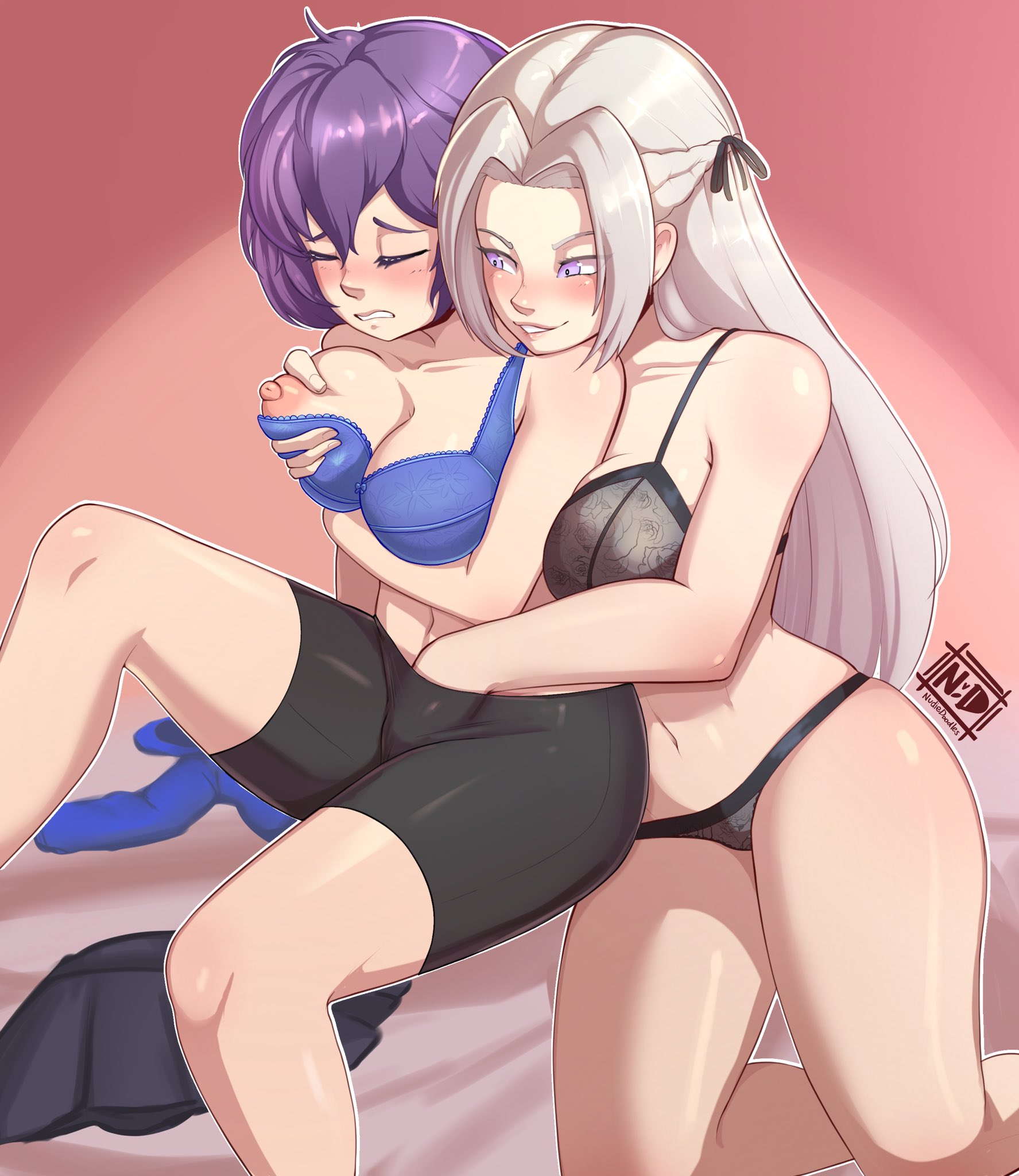 2girls, bare legs, bernadetta von varley, big breasts, bike shorts, black bra, black lingerie, black panties, blue bra, blush, bra, breast grab, breasts, breasts out, cleavage, clenched teeth, closed eyes, clothing, edelgard von hresvelg, female, female only, fingering, fingering partner, fire emblem, fire emblem: three houses, fondling, grin, groping, hand in pants, legs together, lingerie, long hair, matching underwear, nintendo, nipples, nudiedoodles, one breast out, panties, purple eyes, purple hair, short hair, smile, spread legs, undressed, white hair, yuri