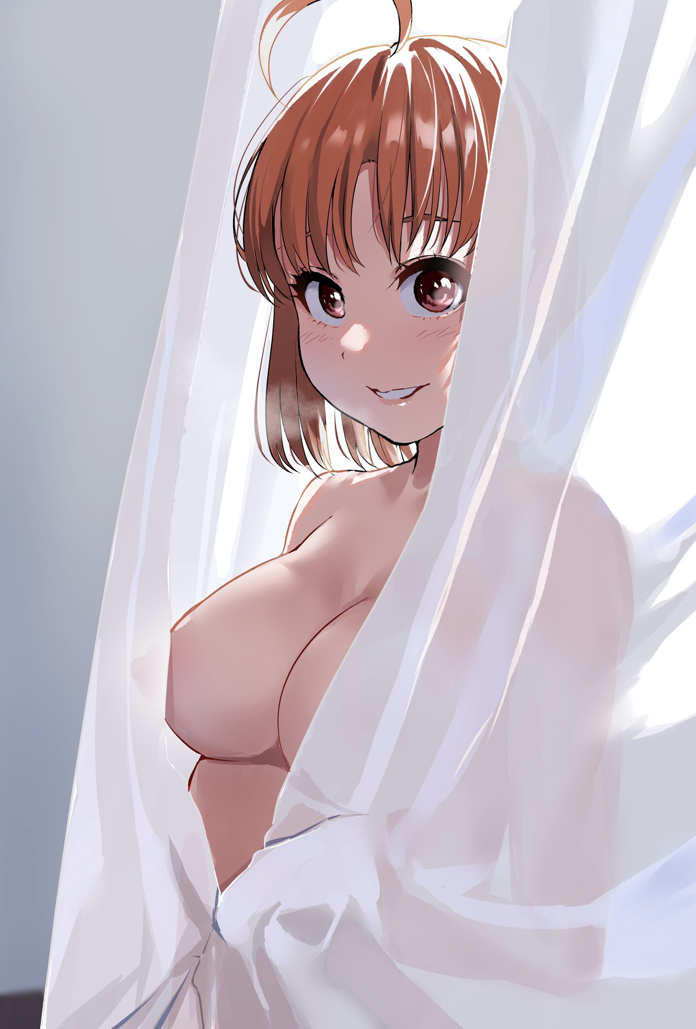 1girls ahoge antenna_hair areolae bangs bare_breasts bare_chest bare_midriff bare_shoulders bare_skin bare_torso belly blush blush_lines blushing blushing_at_viewer blushing_female breasts brown_eyes busty busty_female busty_teen cleavage commentary_request completely_naked completely_naked_female completely_nude completely_nude_female covered_erect_nipples covering curtains dot_nose exposed exposed_breasts exposed_midriff exposed_shoulders exposed_torso female female_focus female_only grey_background grin high_resolution high_school_student highres igarashi_kyouhei large_breasts light-skined_female light-skinned light-skinned_female light_skin light_skin_female light_skinned light_skinned_female lips looking_at_viewer love_live! love_live!_sunshine!! medium_breasts medium_hair naked naked_female naked_woman nekomugiharu nipples nude nude_cover nude_female nudity orange_eyebrows orange_hair orange_hair_female parted_lips red_eyes red_eyes_female school_girl see-through short_hair shoulders simple_background smile smiley_face smiling smiling_at_viewer smirk solo standing takami_chika teen_girl teenage_girl teenager topless topless_female uncensored uncensored_breasts uncensored_nipples upper_body veil white_background white_curtains white_veil