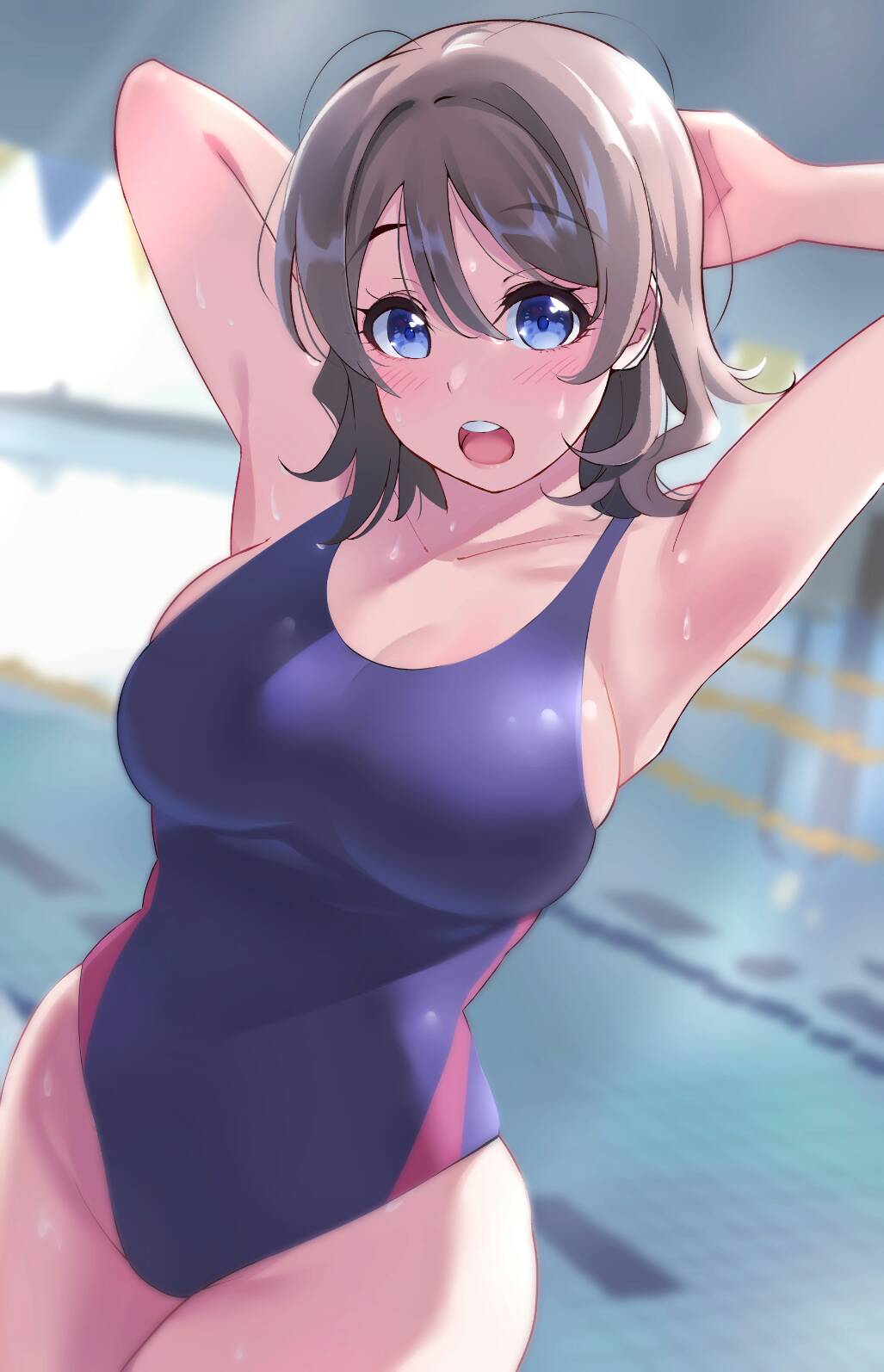 :o, armpits, arms behind head, arms up, bare hips, big breasts, blue eyes, blurry, blurry background, blush, breasts, brown hair, cleavage, collarbone, commentary, competition swimsuit, cowboy shot, curvy, depth of field, eyebrows visible through hair, female, hair between eyes, highres, igarashi kyouhei, large breasts, looking at viewer, love live!, love live! sunshine!!, massive breasts, one-piece swimsuit, open mouth, plump, pool, purple swimsuit, round teeth, short hair, skindentation, solo, swimsuit, tareme, teeth, upper teeth, voluptuous, watanabe you, wide hips