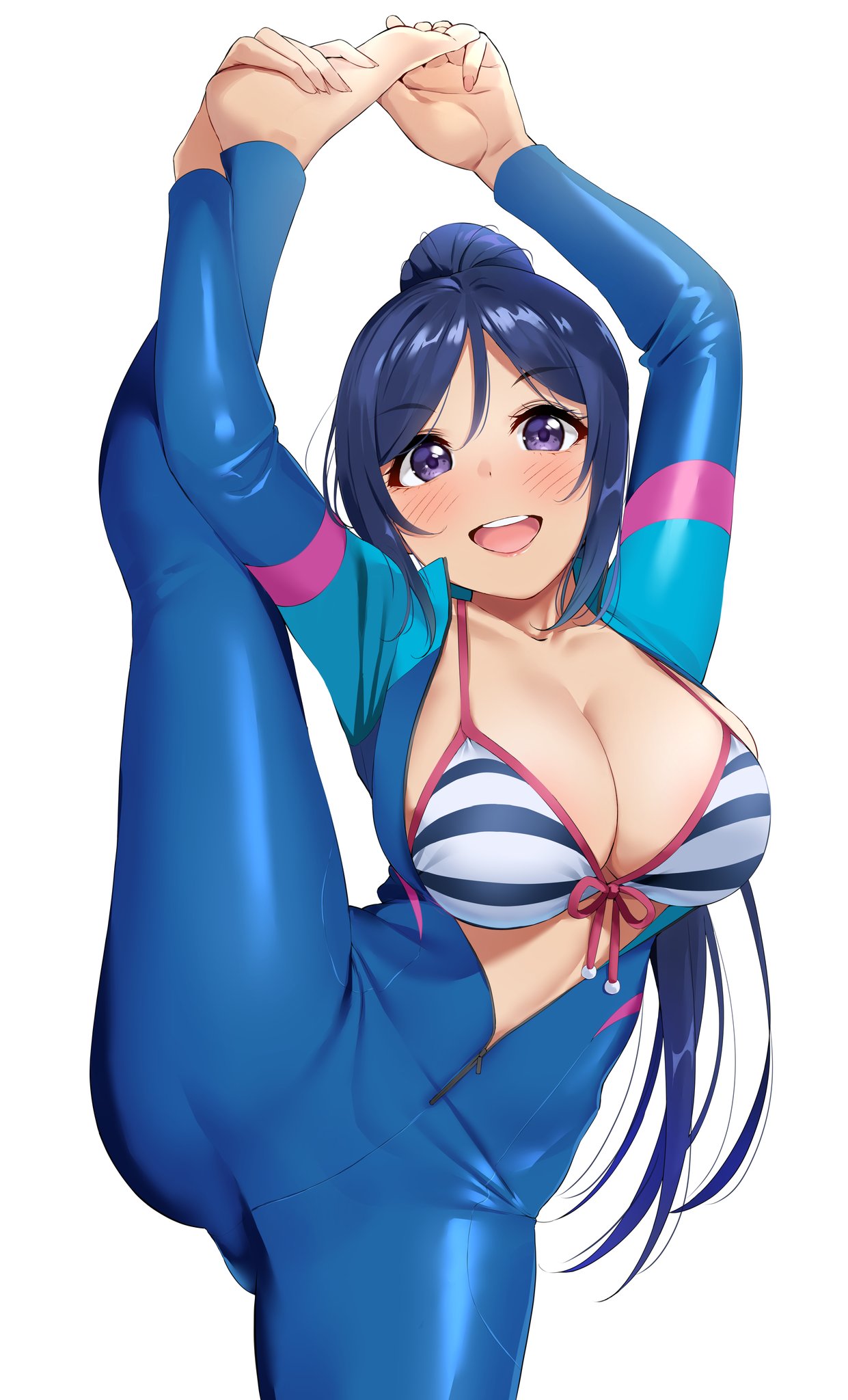 1girls barefoot blue_hair blush breasts cleavage commentary_request diving_suit eyebrows_visible_through_hair female female_focus female_only front_zipper highres igarashi_kyouhei long_hair love_live! love_live!_sunshine!! matsuura_kanan open_mouth ponytail purple_eyes purple_hair solo splits standing standing_on_one_leg vertical_splits wetsuit white_background yoga zipper zipper_down