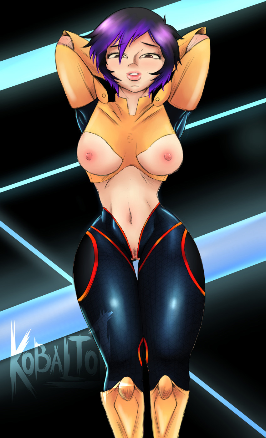 1girls alternate_version_available big_hero_6 bodysuit disney edit exposed_breasts female female_only gogo_tomago kobalto1 large_breasts marvel nipples purple_hair solo tagme thick_thighs tight_clothing