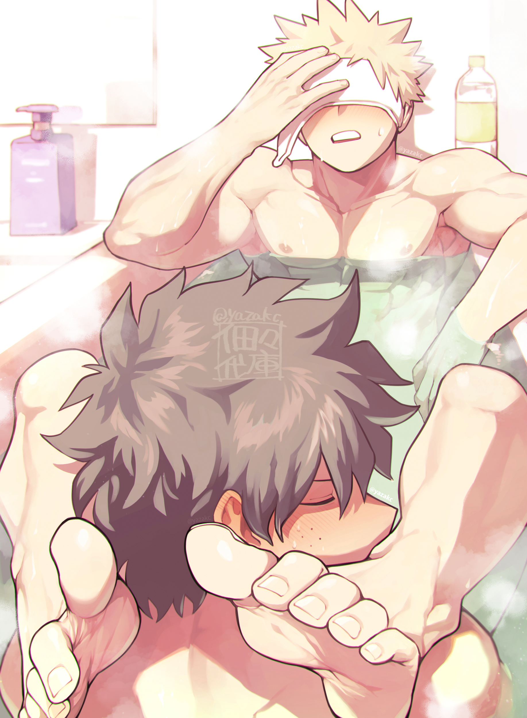 barefoot, bath, feet, foot fetish, foot worship, gay, izuku midoriya, katsuki bakugou, male, muscular, muscular male, my hero academia, yaoi, yazakc