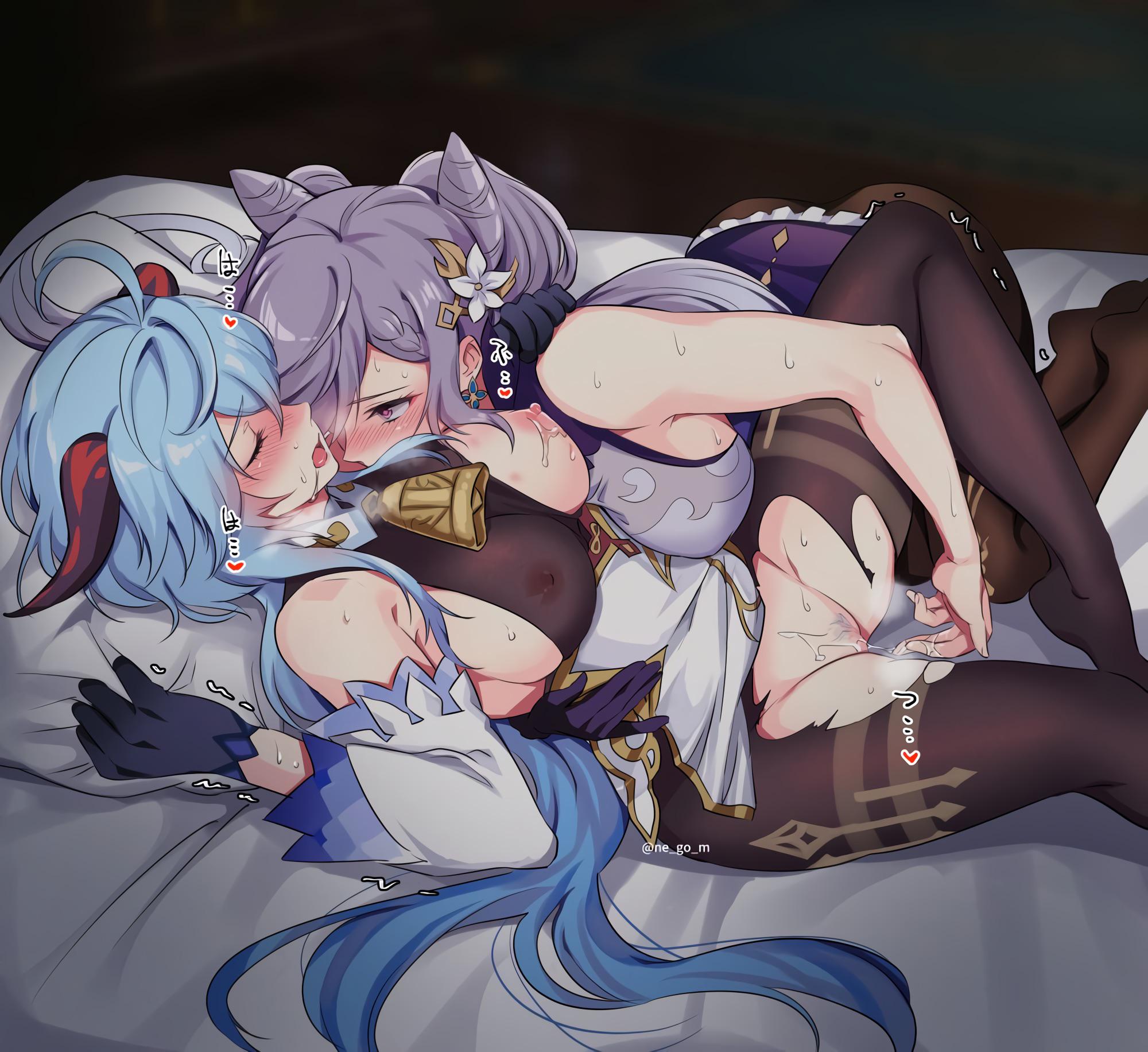 female, ganyu (genshin impact), genshin impact, keqing (genshin impact), lesbian sex, negom, pubic hair, pussy, tagme, twintails, yuri