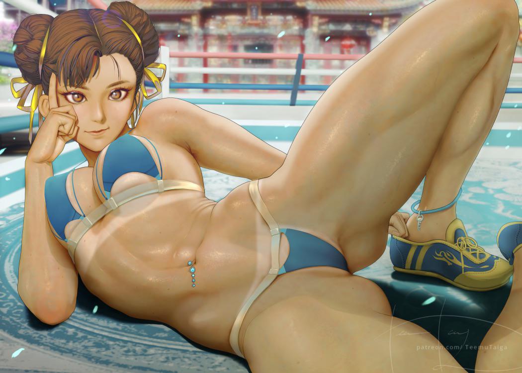 abs bikini boxing_ring breasts brown_eyes brown_hair chun-li female gluteal_fold hair_ribbon hand_on_own_face lying lying_on_side medium_breasts navel navel_piercing on_side shiny_skin shoes smile sneakers spread_legs stomach street_fighter swimsuit tan_skin tanline tanlines tanned teemu_taiga toned underboob