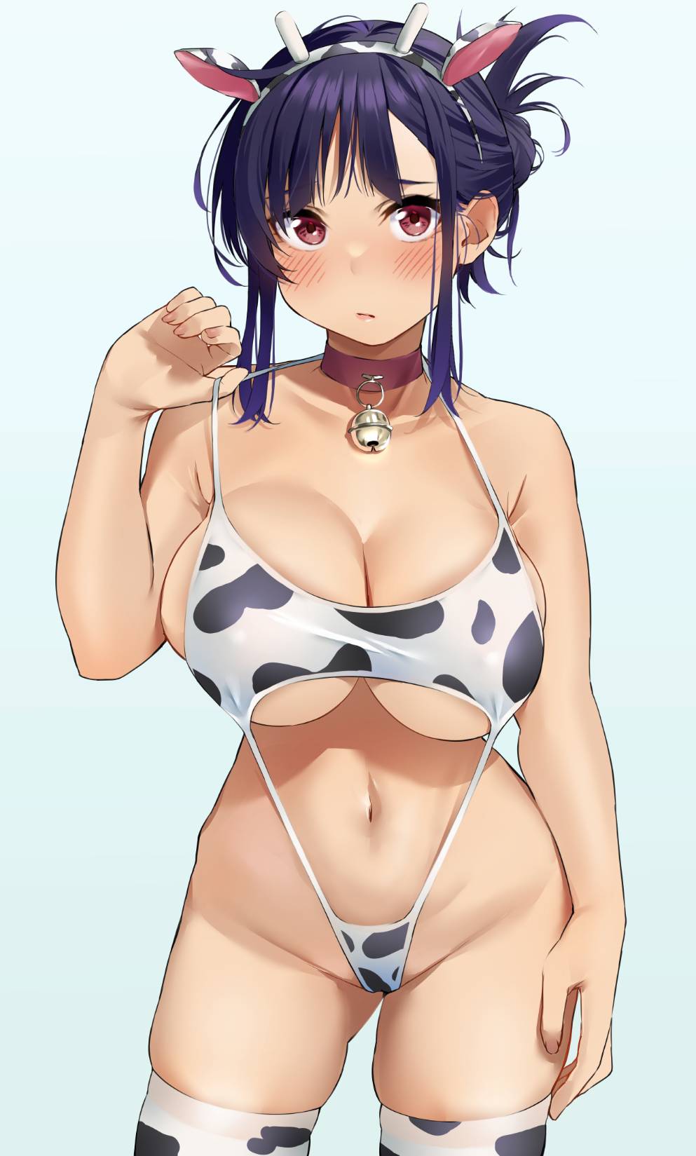 :/ animal_ears animal_print arm_at_side bangs bare_shoulders bell black_hair blush breasts collar collarbone commentary_request contrapposto cow_ears cow_horns cow_print cowboy_shot embarrassed eyebrows_visible_through_hair fake_animal_ears female fingernails hair_bun hairband hand_up highres horns igarashi_kyouhei jingle_bell large_breasts looking_at_viewer navel original red_collar red_eyes sidelocks simple_background solo standing strap_pull thighhighs white_background white_hairband white_legwear