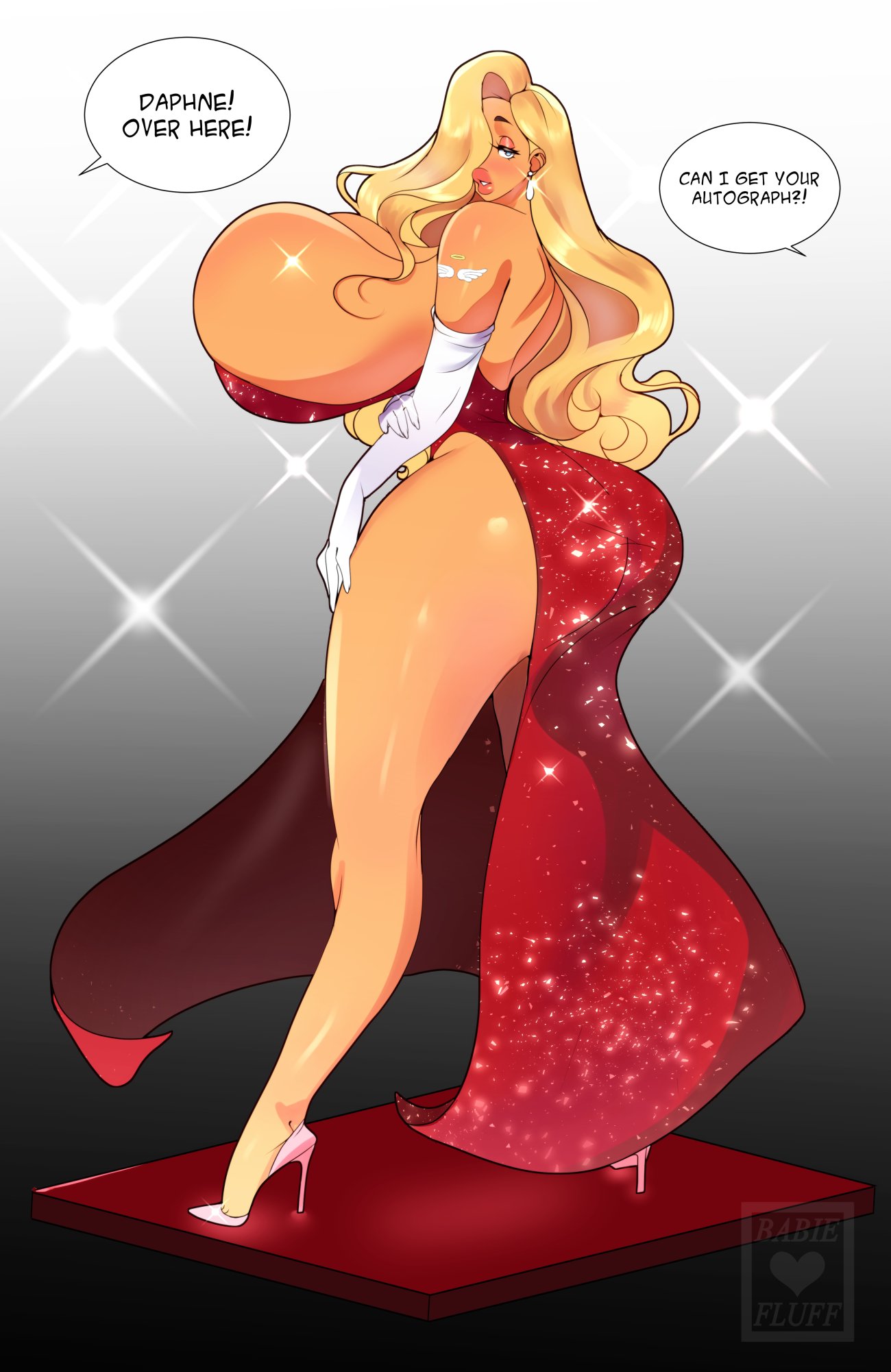 1girls, ass, babie fluff, big breasts, big lips, bimbo, blonde hair, breasts, daphne (babie fluff), daphne dress, dialogue, dress, earrings, elbow gloves, elegant, english text, female, female only, gigantic breasts, heels, hi res, high heels, hourglass figure, huge ass, huge breasts, jessica rabbit (cosplay), long hair, looking at viewer, looking back, massive breasts, narrowed eyes, offscreen character, side view, solo, solo female, speech bubble, stiletto heels, tattoo, tattoo on arm, thick thighs, thighs, very high heels, voluptuous