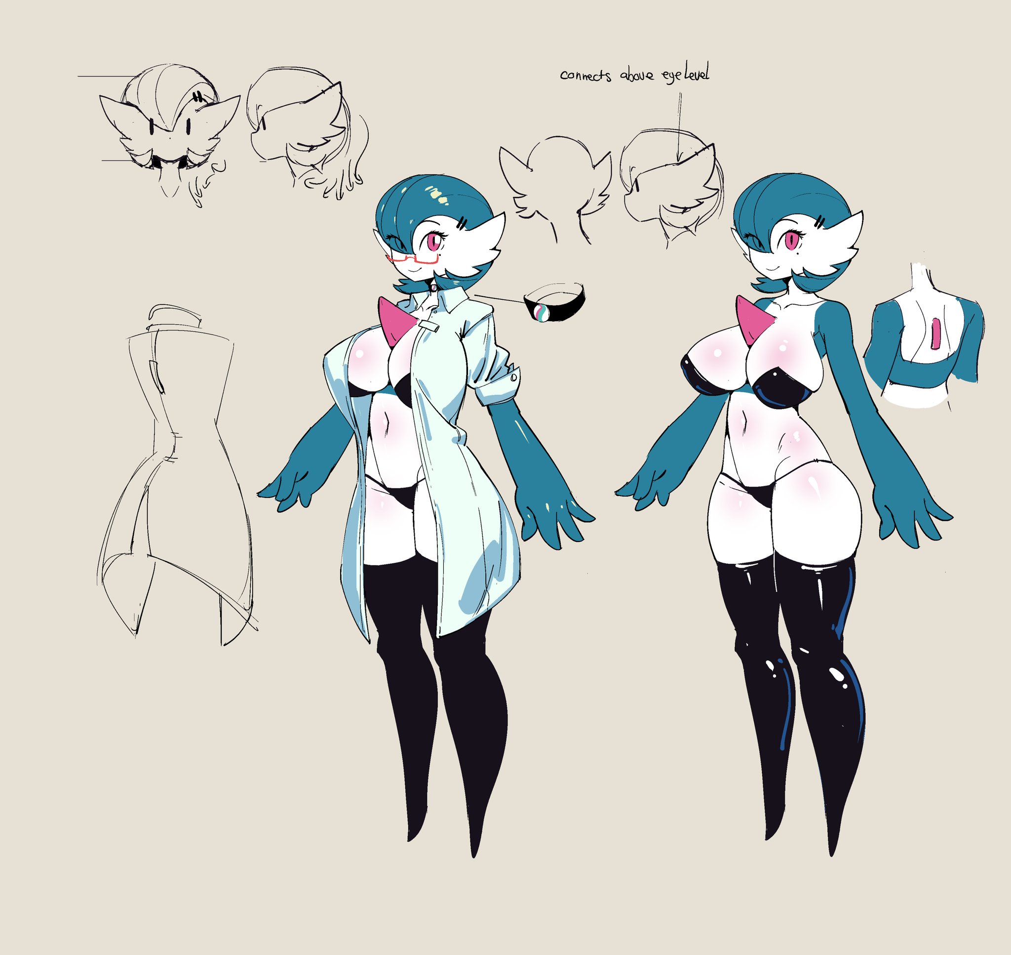1girls, big breasts, bikini, blue hair, bluehand, breasts, character sheet, clothed, clothing, dr. voir, female, female gardevoir, female only, gardevoir, glasses, greasymeta, humanoid, labcoat, mostly nude, nintendo, pokémon (species), pokemon, pokemon (species), pokemon rse, solo, standing, thick thighs, thighhighs, white skin