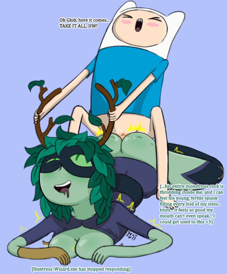 adventure_time ahe_gao anal anal_sex antler_grab antlers ass boots breasts cartoon_network clothed_sex dialogue finn_the_human gloves green_skin hat hubi human human_on_humanoid huntress_wizard leaf_hair mask masked shirt text