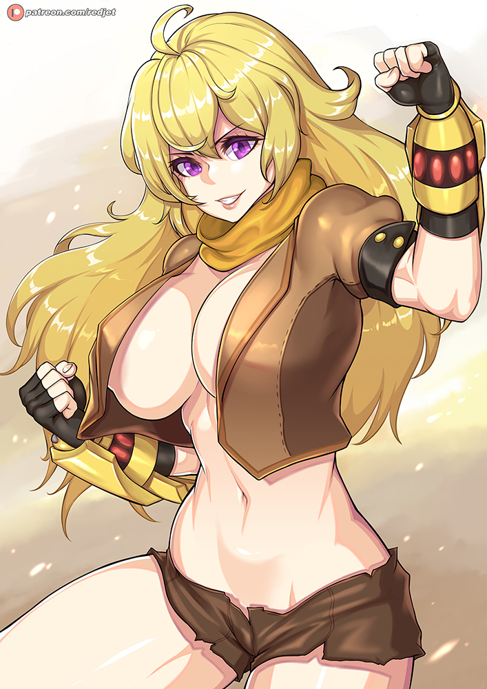 athletic, big breasts, blonde hair, breasts, busty, cleavage, female, female focus, female only, huge breasts, jacket, midriff, naked under clothes, no bra, purple eyes, redjet, rooster teeth, rwby, strong, thick thighs, thighs, yang xiao long