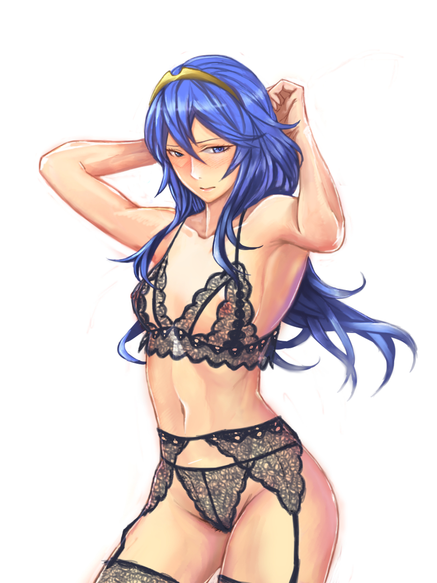 1girls, arms up, black legwear, black panties, blue eyes, blue hair, bra, female, fire emblem, fire emblem awakening, flat chest, garter belt, highres, lace trim, lace-trimmed bra, lace-trimmed legwear, lace-trimmed panties, lingerie, long hair, lucina (fire emblem), navel, nintendo, nipple slip, nipples, panties, pocari66, see-through, simple background, sketch, solo, solo female, tiara, underwear, underwear only, white background