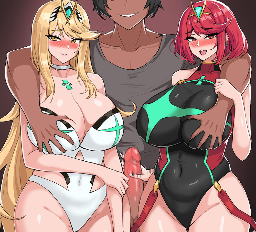 1boy 2021 2girls action_lines asian_male bangs belly_button big_breasts black_hair black_swimsuit blonde_hair blush breast_grab breasts censored cheating choker cleavage cleavage_cutout clothed clothed_female clothed_male colored core_crystal drogod_(artist) dual_persona earrings faceless_male female female_focus ffm_threesome front_view fully_clothed gold_eyes groping groping_breasts groping_from_behind group_sex hair_ornament handjob highleg_swimsuit hips huge_breasts human large_breasts large_penis light-skinned_female light_skin long_hair male mosaic_censoring multiple_girls mythra nintendo one-piece_swimsuit open_mouth penis pyra red_eyes red_hair shiny_skin short_hair shy simple_background smile standing straight submissive_female suspenders suspenders_hanging swept_bangs swimsuit thick_thighs thigh_gap thighs threesome tiara tight_clothing very_long_hair white_choker white_swimsuit wide_hips wip xenoblade_(series) xenoblade_chronicles_2