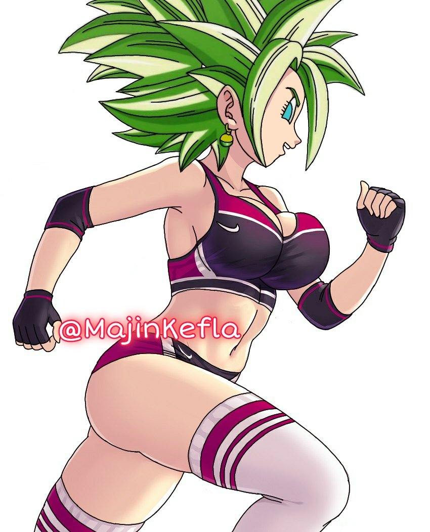 1girls ass blue_eyes booty_shorts breasts dragon_ball dragon_ball_super earrings edit fingerless_gloves green_hair jogging kefla long_hair looking_at_viewer majinkefla open_mouth runner socks solo sports_bra tiffynyaa white_background white_skin