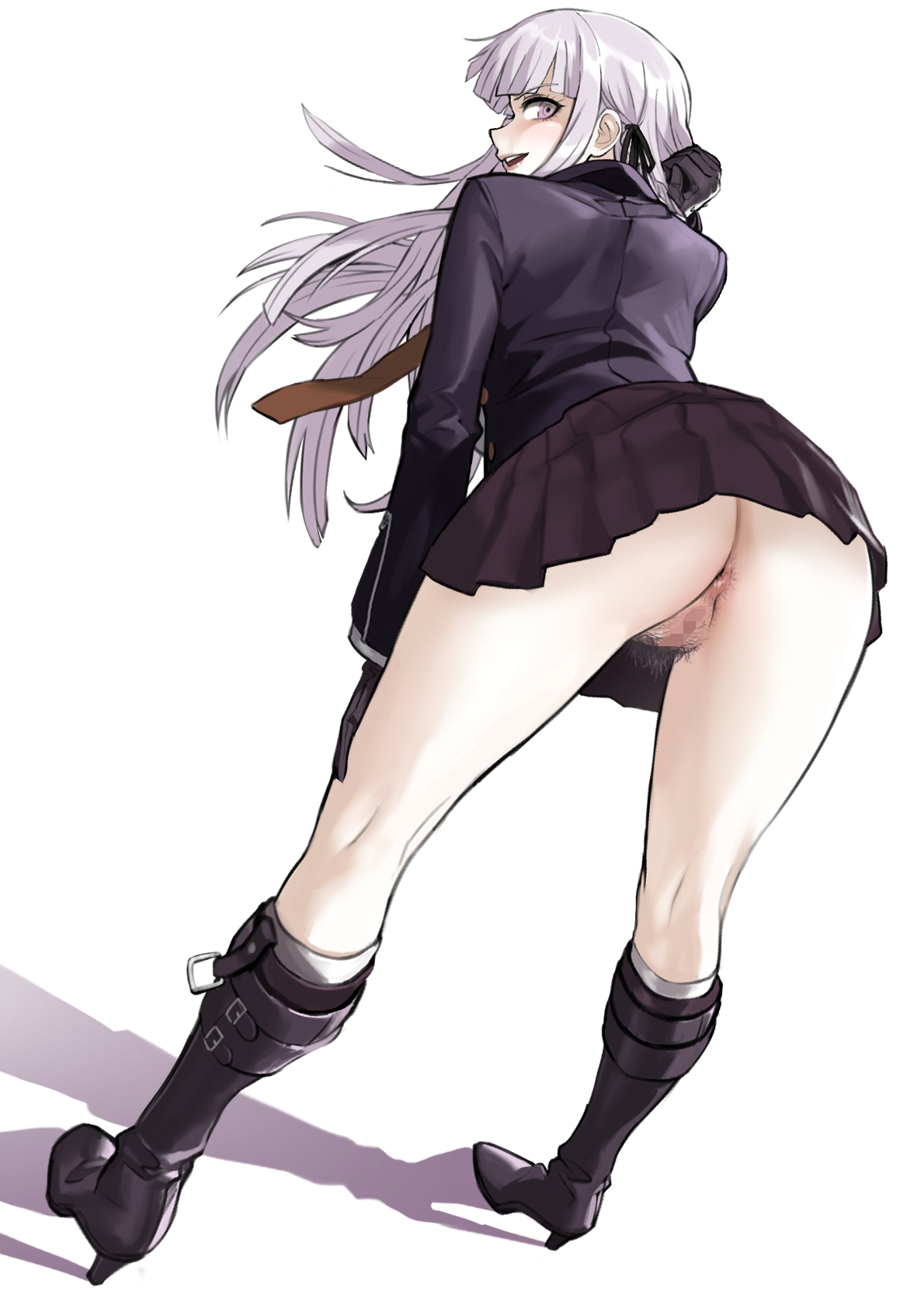 1girls, akizora, ass, boots, danganronpa, danganronpa 1, danganronpa: trigger happy havoc, exposed, exposed pussy, female, female only, hairy pussy, happy, kirigiri kyoko, no panties, presenting, pussy, smooth skin