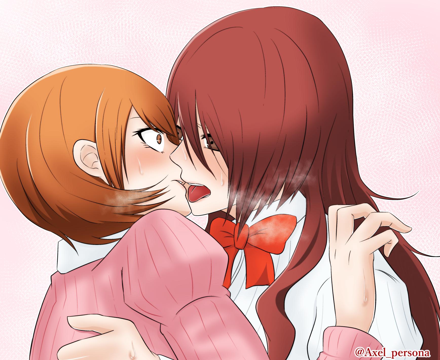 2girls, artist signature, atlus, axel persona, blush, brown hair, clothed, clothing, female, kissing, mitsuru kirijo, persona, persona 3, red eyes, red hair, shocked, surprised, tongue, tongue out, watermark, white background, yukari takeba, yuri