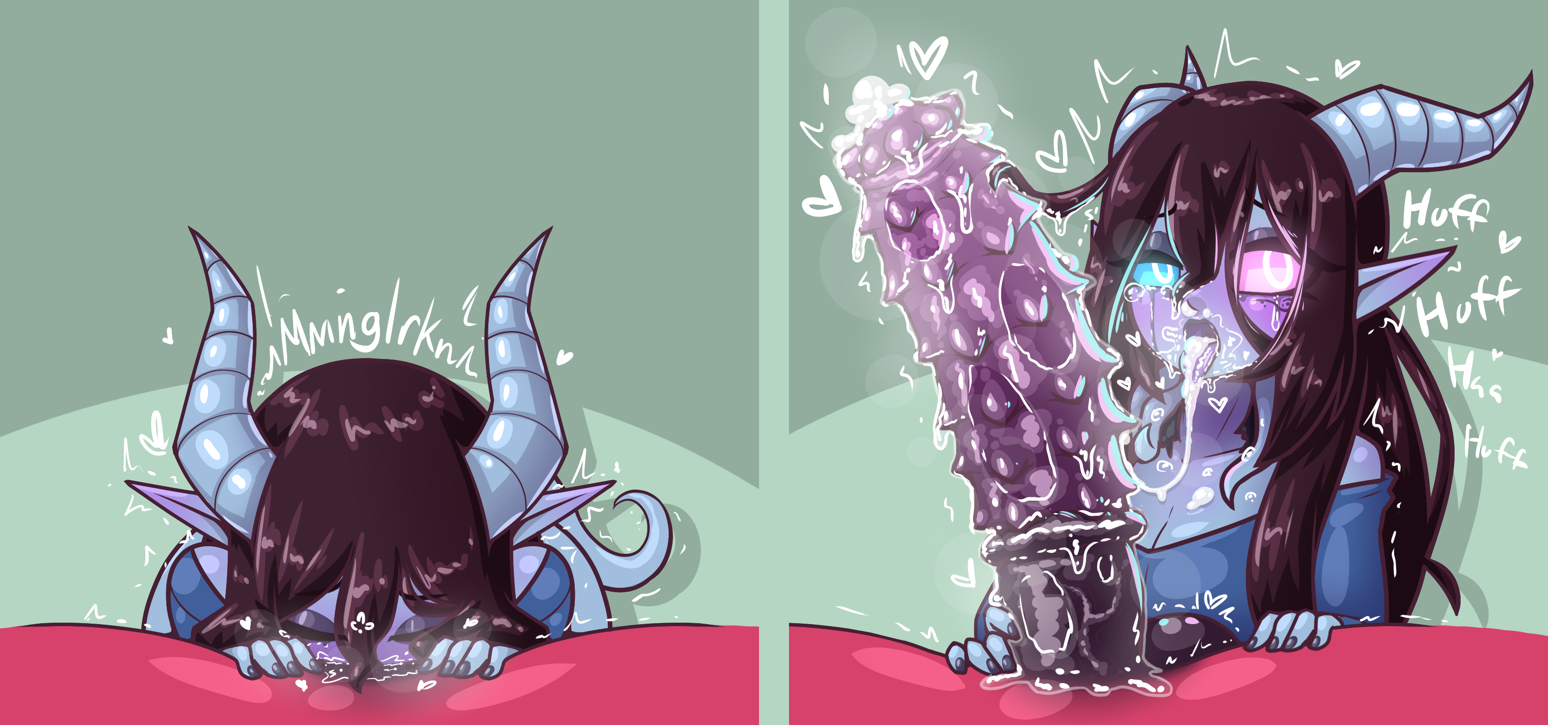 1futa, 1girls, all the way to the base, animal genitalia, animal penis, balls, balls deep, balls deep fellatio, breasts, cleavage, cum, cum in mouth, cum in throat, cum inside, cum on tongue, deepthroat, deepthroat holder, draenei, erection, fellatio, female, female focus, futanari, heterochromia, horse penis, horsecock, huge cock, intersex, limebreaker, oral, penis, sloppy, sundeii, world of warcraft