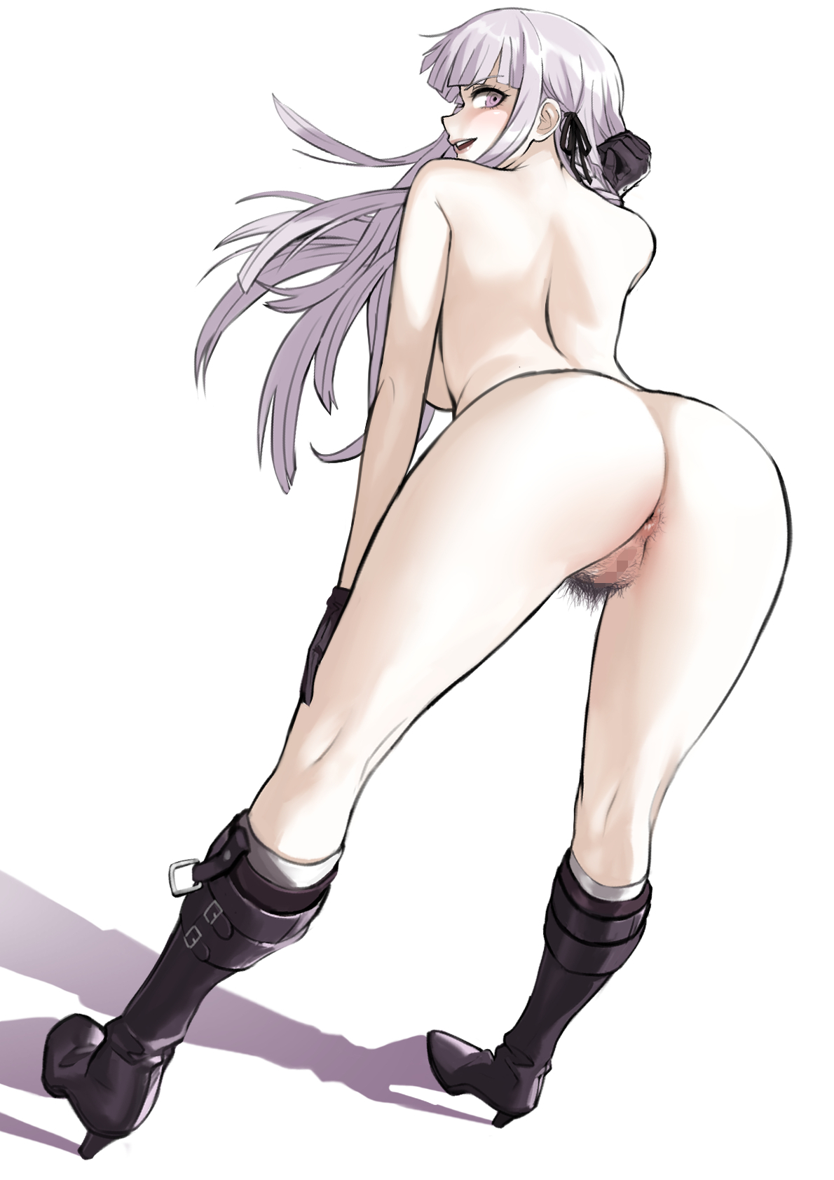 1girls, akizora, ass, boots, danganronpa, danganronpa: trigger happy havoc, female, female only, gloves, hairy pussy, happy, high heel boots, kirigiri kyoko, naked, naked boots, naked footwear, naked gloves, nude, presenting, pussy, straight hair