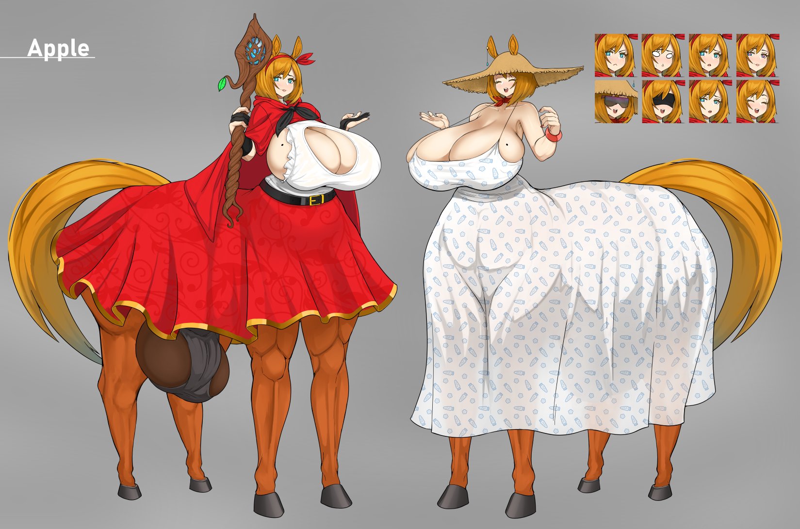 1futa, apple (gaikiken), balls, breasts, centaur, cleavage, clothed, clothing, dress, fully clothed, futa only, futanari, gaikiken, hat, huge balls, huge breasts, huge testicles, intersex, light skin, light-skinned futa, masturbation, mostly clothed, pale skin, solo, taur, testicles