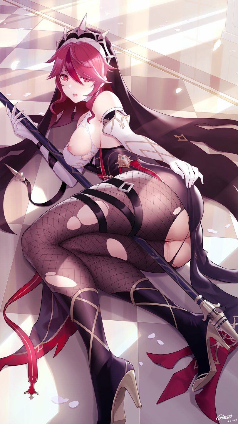 1girls, artist request, boots, breasts, elbow gloves, female, female only, genital fluids, genshin impact, gloves, headgear, heel boots, high heel boots, high heels, lying down, nun, red eyes, red hair, ripped clothing, rosaria (genshin impact), thick thighs, thighhighs, white skin