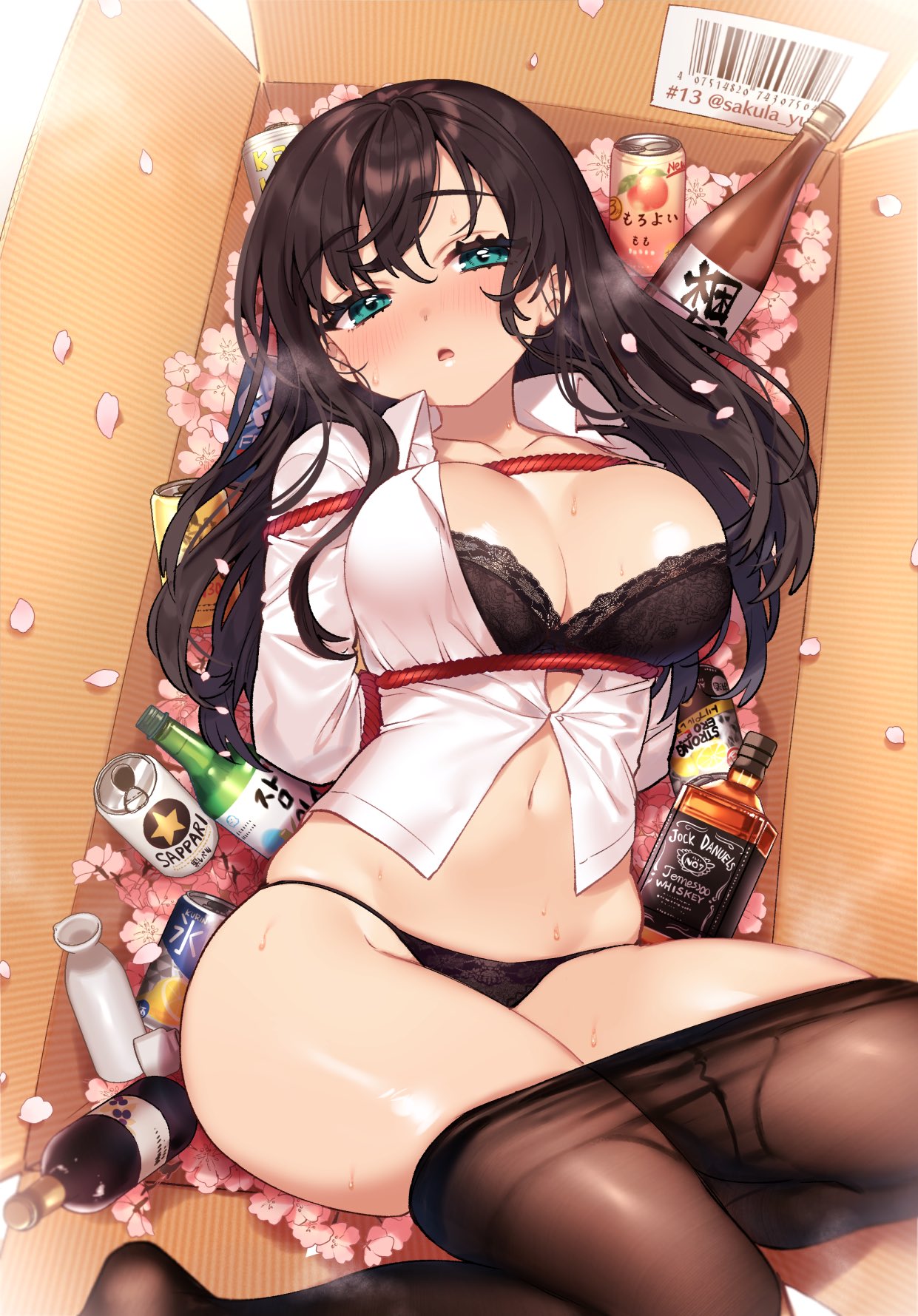 1girls alcohol aqua_eyes arms_behind_back artist_name barcode black_bra black_hair black_panties blush bondage bottle bound box bra breasts brown_legwear can cardboard_box cherry_blossoms cleavage clothes_pull collarbone collared_shirt cute female female_only glass_bottle highres in_box in_container jack_daniel's large_breasts long_hair long_sleeves looking_at_viewer lying milk_bottle navel no_pants on_back original panties pantyhose pantyhose_pull parted_lips partially_unbuttoned petals rope sake_bottle sakura_yuki_(clochette) shirt skindentation solo solo_female stomach string_panties sweat thighs twitter_username underwear whiskey white_shirt wine_bottle