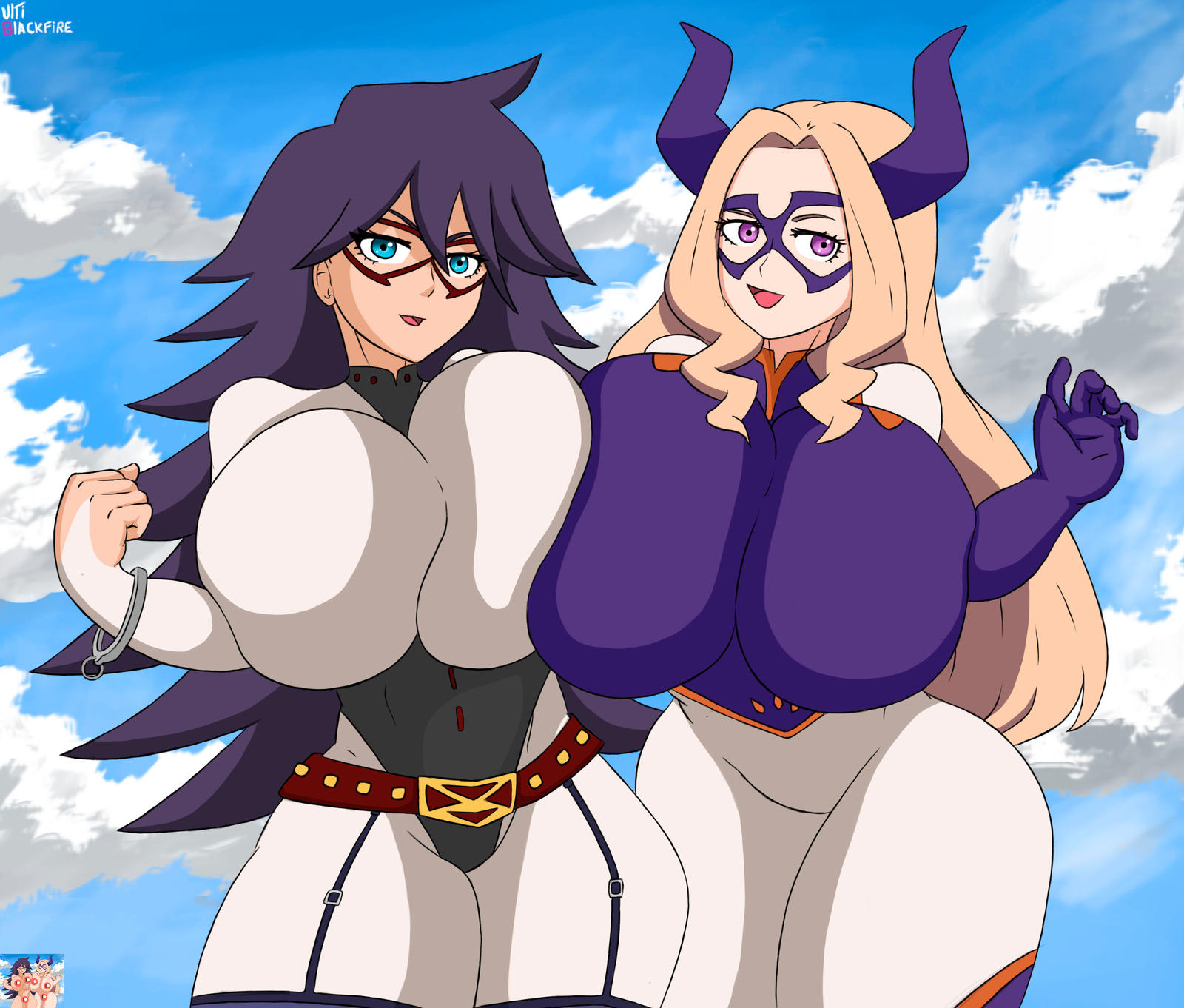 2girls, big breasts, breast press, breasts, female, female only, hero outfit (mha), huge breasts, hyper breasts, midnight (my hero academia), mount lady, multiple females, multiple girls, my hero academia, nemuri kayama, shounen jump, skin tight, superheroine, thick thighs, ultiblackfire, yuu takeyama