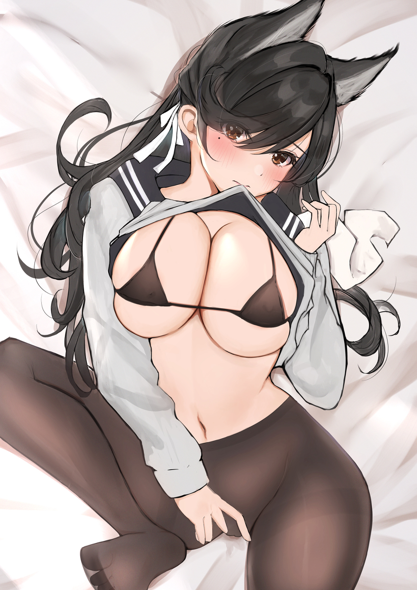 1girls 2021 atago_(azur_lane) azur_lane bed_sheet belly bikini_top black_bikini_top blush breast_press breasts closed_mouth clothing_in_mouth clothing_lift female female_focus female_only lying lying_on_back mole mole_under_eye mouth_closed mouth_hold navel nipple_bulge nipples pantyhose sailor_collar solo solo_female solo_focus stomach topwear topwear_lift uiri_na