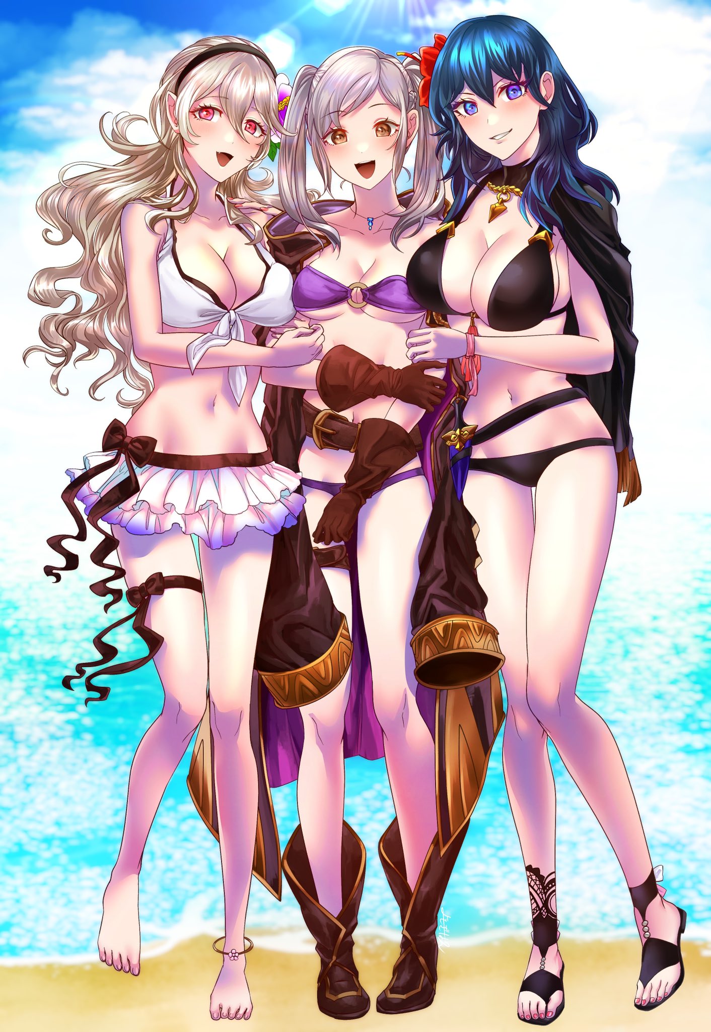 3girls, alternate costume, bangs, beach, bikini, bikini skirt, black bikini, black swimsuit, blonde hair, blue eyes, blue hair, breast size difference, breasts, brown eyes, byleth (fire emblem), byleth (fire emblem) (female), cape, cleavage, commentary request, corrin (fire emblem), corrin (fire emblem) (female), eyebrows visible through hair, female, female only, fire emblem, fire emblem awakening, fire emblem fates, fire emblem heroes, fire emblem: three houses, flower, full body, gem, green hair, hair between eyes, hair flower, hair ornament, heart, highres, hug, hypnosis, large breasts, long hair, looking at viewer, medium breasts, medium hair, mind control, multiple females, multiple girls, navel, nintendo, o-ring bikini, ocean, official alternate costume, open mouth, orange eyes, purple bikini, purple eyes, purple swimsuit, red eyes, red flower, robin (fire emblem), robin (fire emblem) (female), sandals, silver hair, smile, super smash bros., swimsuit, teal hair, twintails, wavy hair, whatthehell042, white bikini, white swimsuit