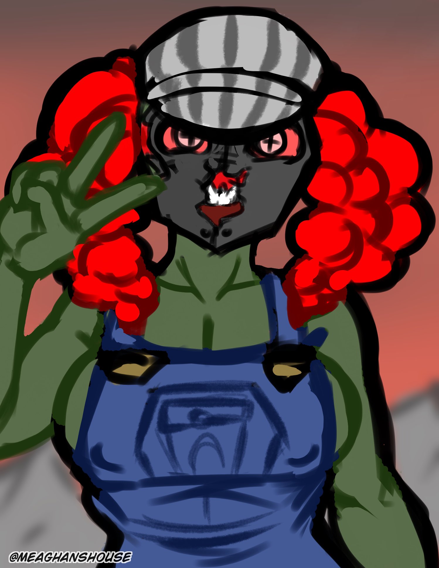 big_breasts conductor female female_only madness_combat meaghanshouse overalls red_eyes red_hair rule_63 smirk tagme tricky_the_clown zombie zombie_girl