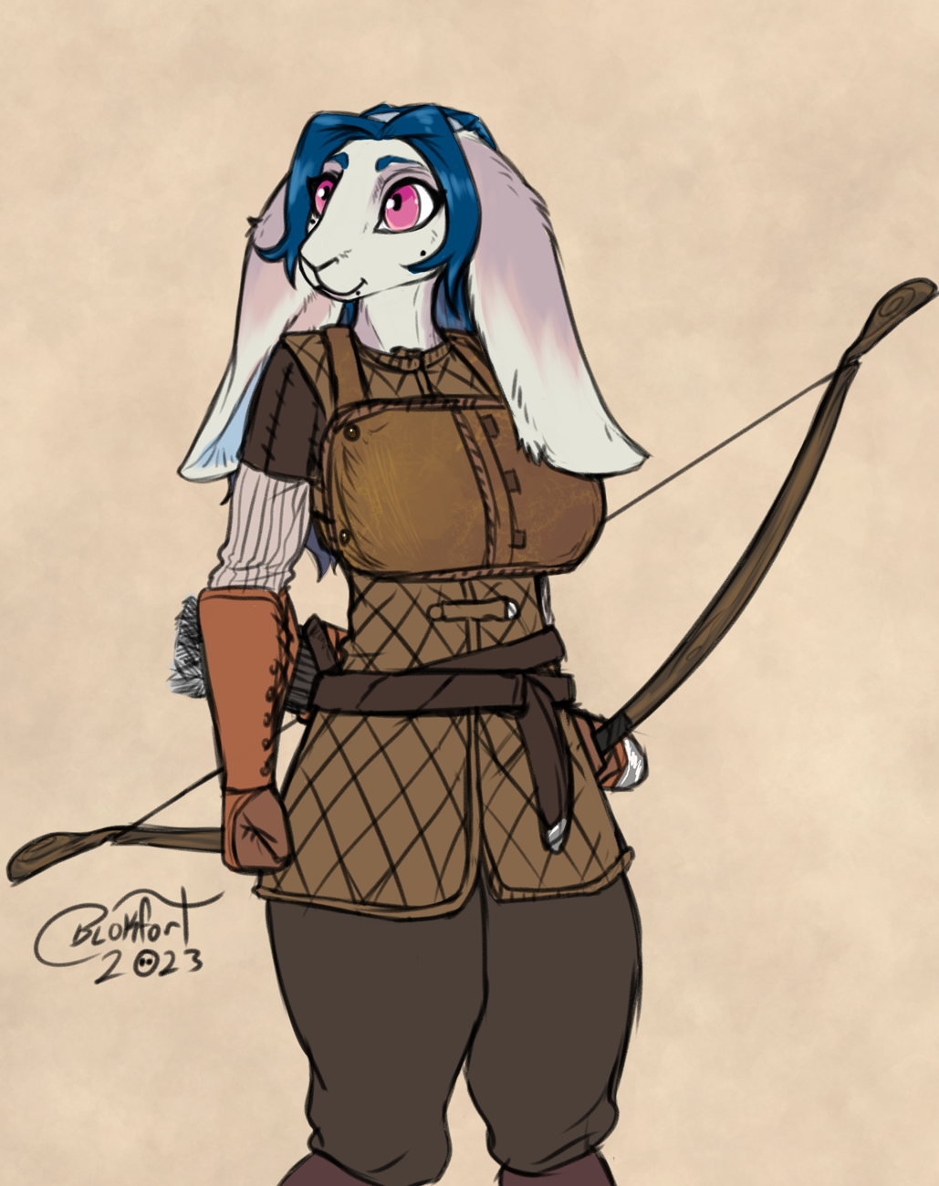 2023 anthro armor belt blokfort blue_hair bow_(weapon) clothing female floppy_ears fur gloves hair handwear hi_res lagomorph leporid lop_ears mammal markings mole_(marking) pink_eyes quiver rabbit ranged_weapon simple_background solo standing weapon white_body