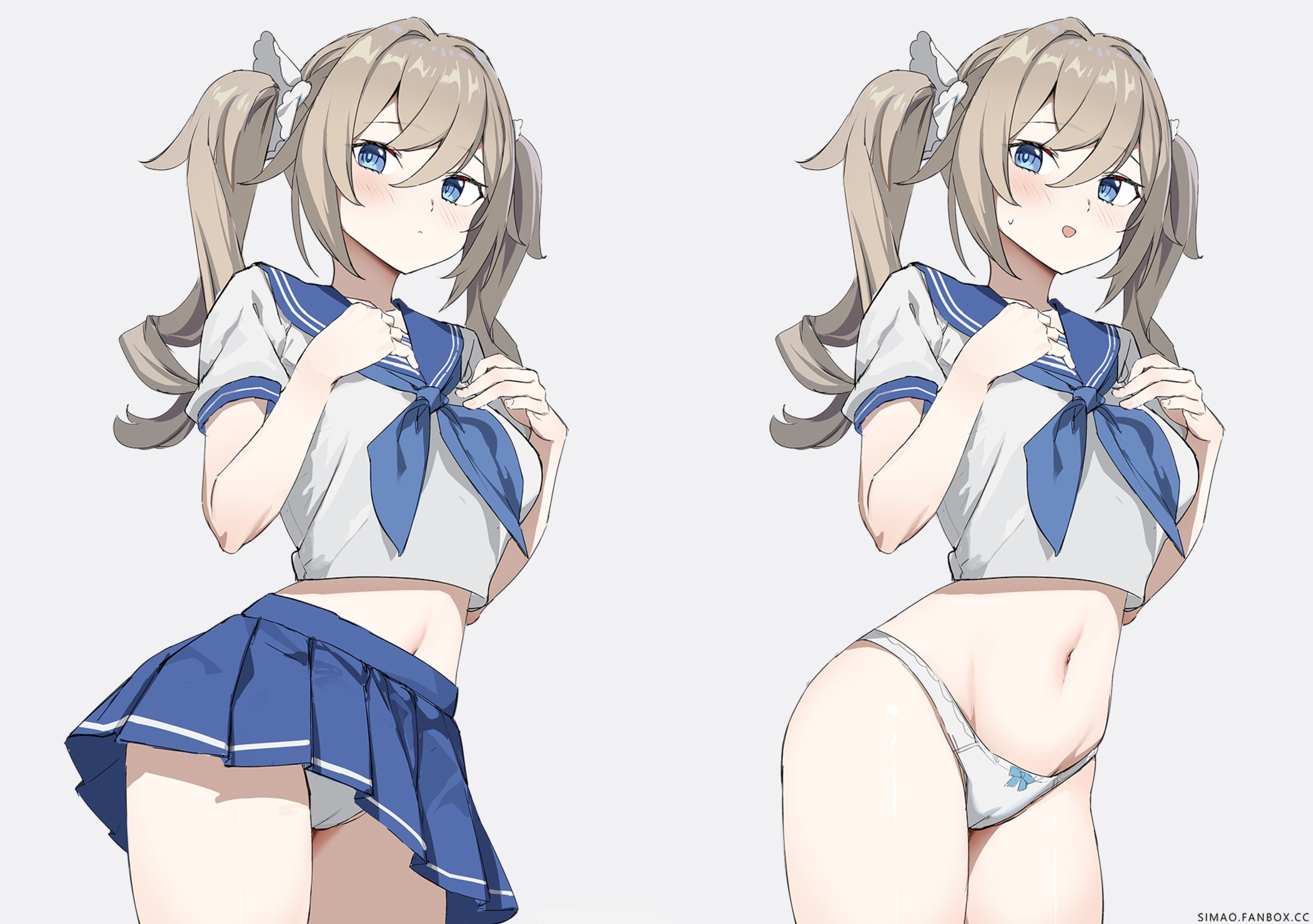 1girls, barbara (genshin impact), belly button, blonde hair, blue eyes, blush, breasts, cameltoe, female, genshin impact, hi res, midriff, miniskirt, navel, panties, pantyshot, pussy, school uniform, serafuku, simao (x x36131422), skirt, skirt removed, underwear, upskirt, white panties