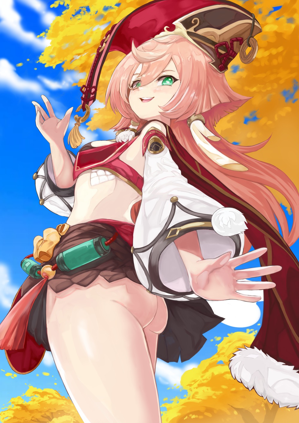1girls, ass, ass crack, bra, breasts, butt crack, clothing, female, female only, genshin impact, green eyes, hat, hi res, horns, no panties, pink hair, revealing clothes, skirt, small breasts, yanfei (genshin impact)
