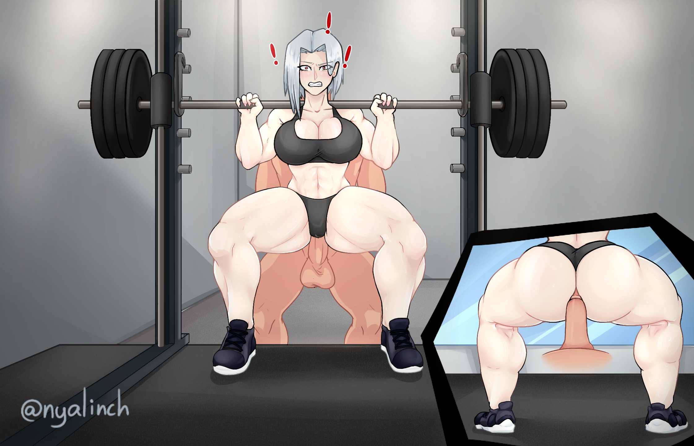 !, 1boy, 1girls, 2021, anal, anal insertion, anal penetration, anal sex, ass, balls, big ass, big breasts, big penis, black bra, black panties, breasts, closed eyes, dumbbell, female, fit, fit female, from behind, front view, gym, gym uniform, huge ass, huge breasts, huge cock, light skin, light-skinned female, male, meowlinch, muscular, muscular female, muscular legs, nipples, nipples visible through clothing, original, pale skin, pale-skinned female, panties, panties aside, penis, red eyes, severia (meowlinch), sex, shoes, short hair, silver hair, sport, sports bra, spread legs, squat, squatting, standing, straight, surprise buttsex, surprise sex, surprised, sweat, thick thighs, training, underwear, weightlifting, weights, white skin, workout, workout sex