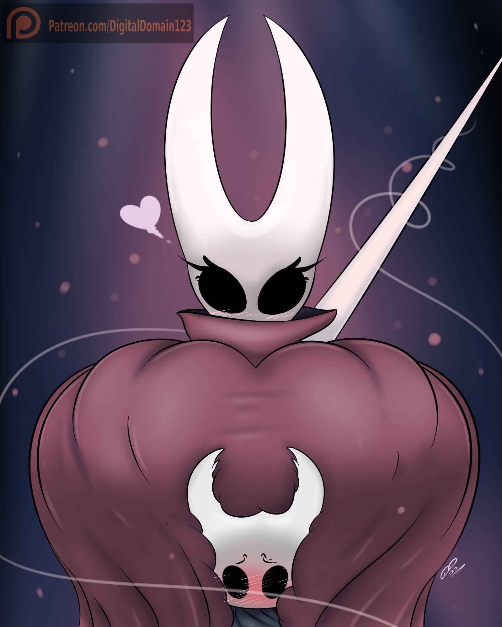 between breasts, blush, breasts, cape, cloak, clothed, digitaldomain123, female, heart, hollow knight, hornet (hollow knight), hyper, hyper breasts, red cape, siblings, solid eyes, the knight (hollow knight)