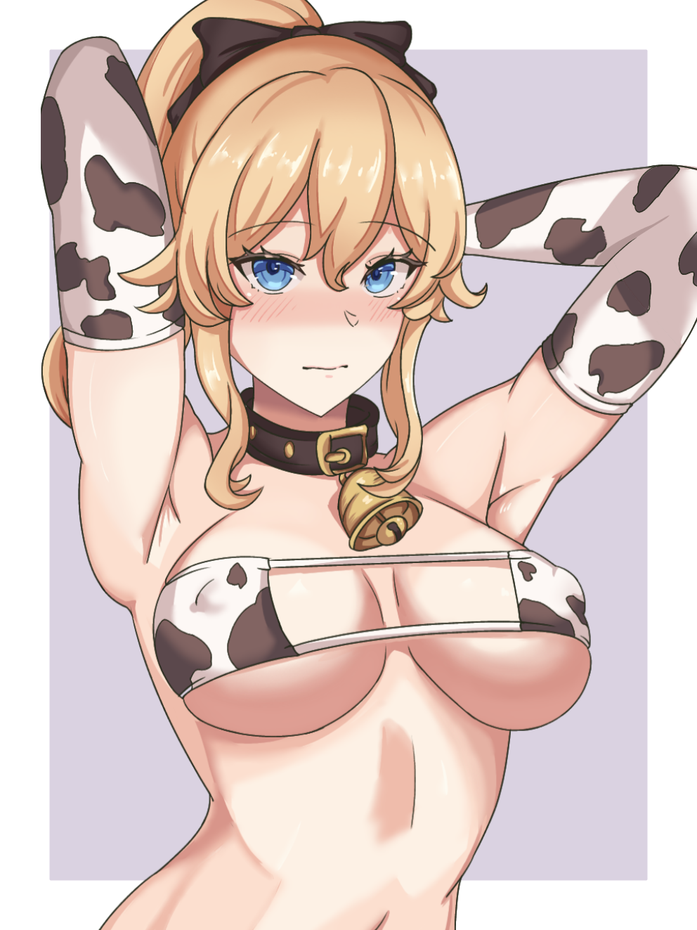 1girls armpits arms_behind_head arms_up blonde_hair blue_eyes collar cow_bikini cow_print cow_print_armwear cowbell eyepatch_bikini female female_focus female_only genshin_impact green_eyes jean_gunnhildr lenku_ass simple_background