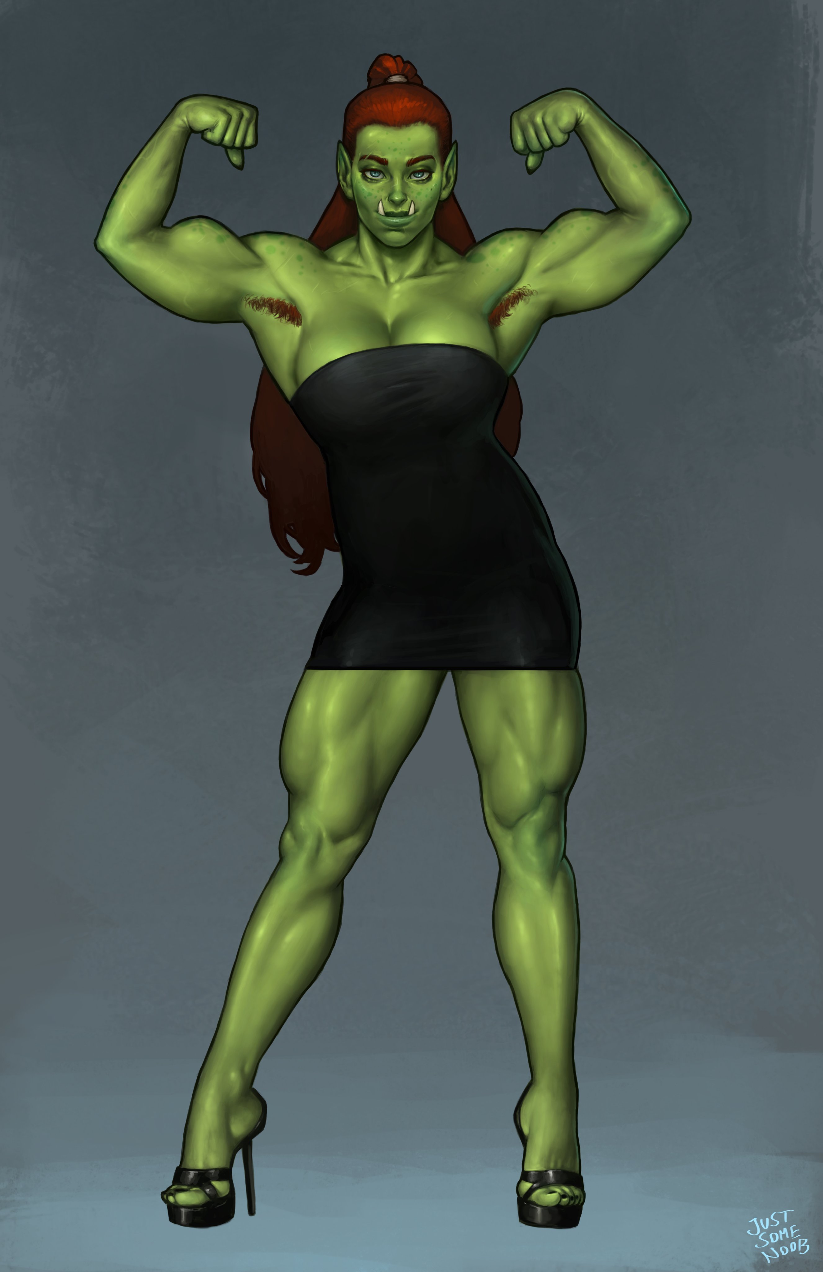 armpit hair, armpits, athletic, athletic female, bare legs, biceps, black dress, breasts, busty, cleavage, dress, female, female focus, female only, female orc, fit, fit female, flexing, flexing bicep, green body, green skin, hairy armpits, high heels, hourglass figure, justsomenoob, large breasts, looking at viewer, muscles, muscular, muscular female, orc, orc female, pinup, pinup pose, red hair, redhead, short dress, skimpy dress, smile, solo, standing, thick, thick thighs, tied hair, tusks, wide hips