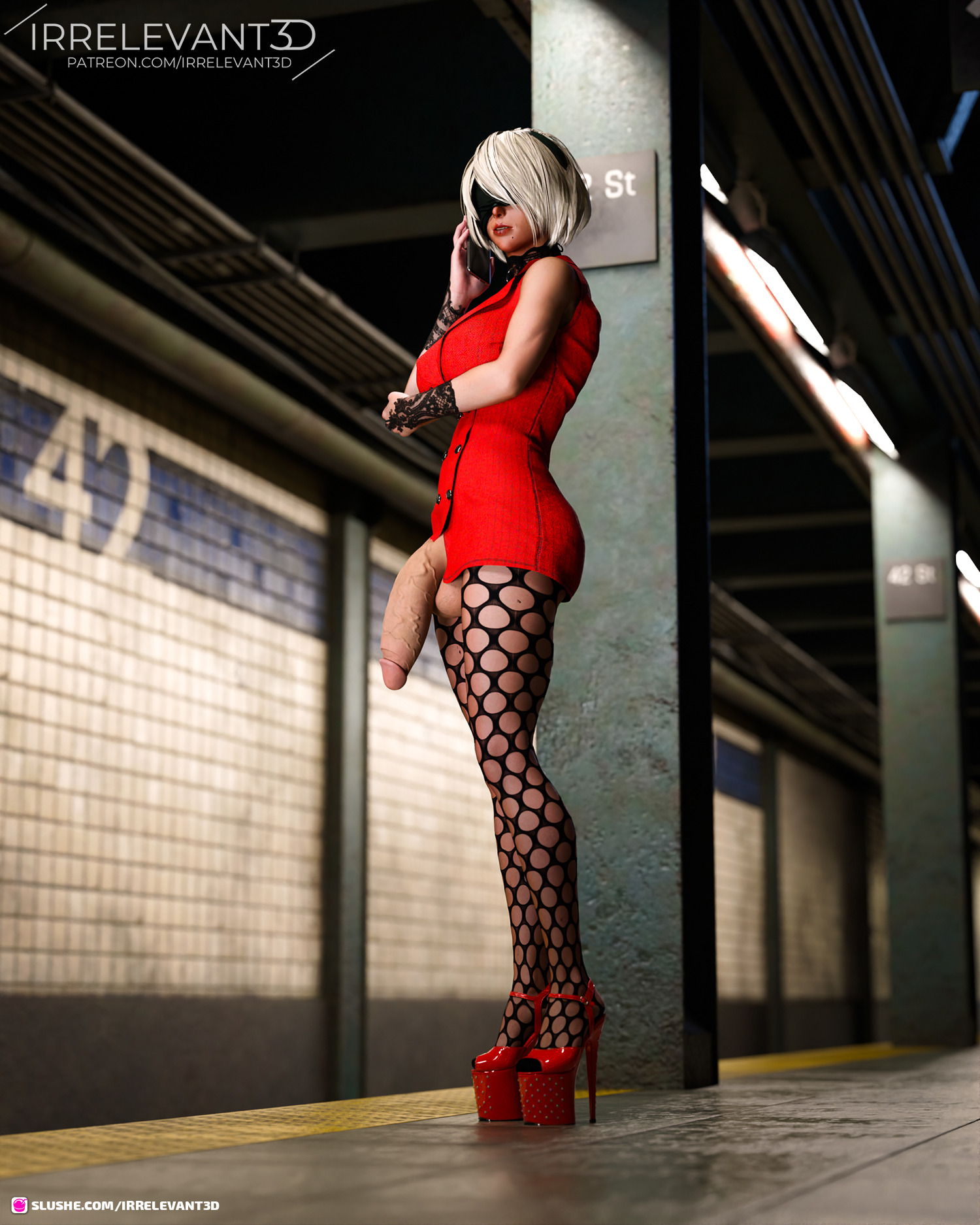 1futa, 3d, big penis, breasts, busty, futa only, futanari, hourglass figure, intersex, irrelevant3d, nier (series), nier: automata, nude, nudity, pantyhose, penis, penis under dress, tagme, wide hips, yorha 2b