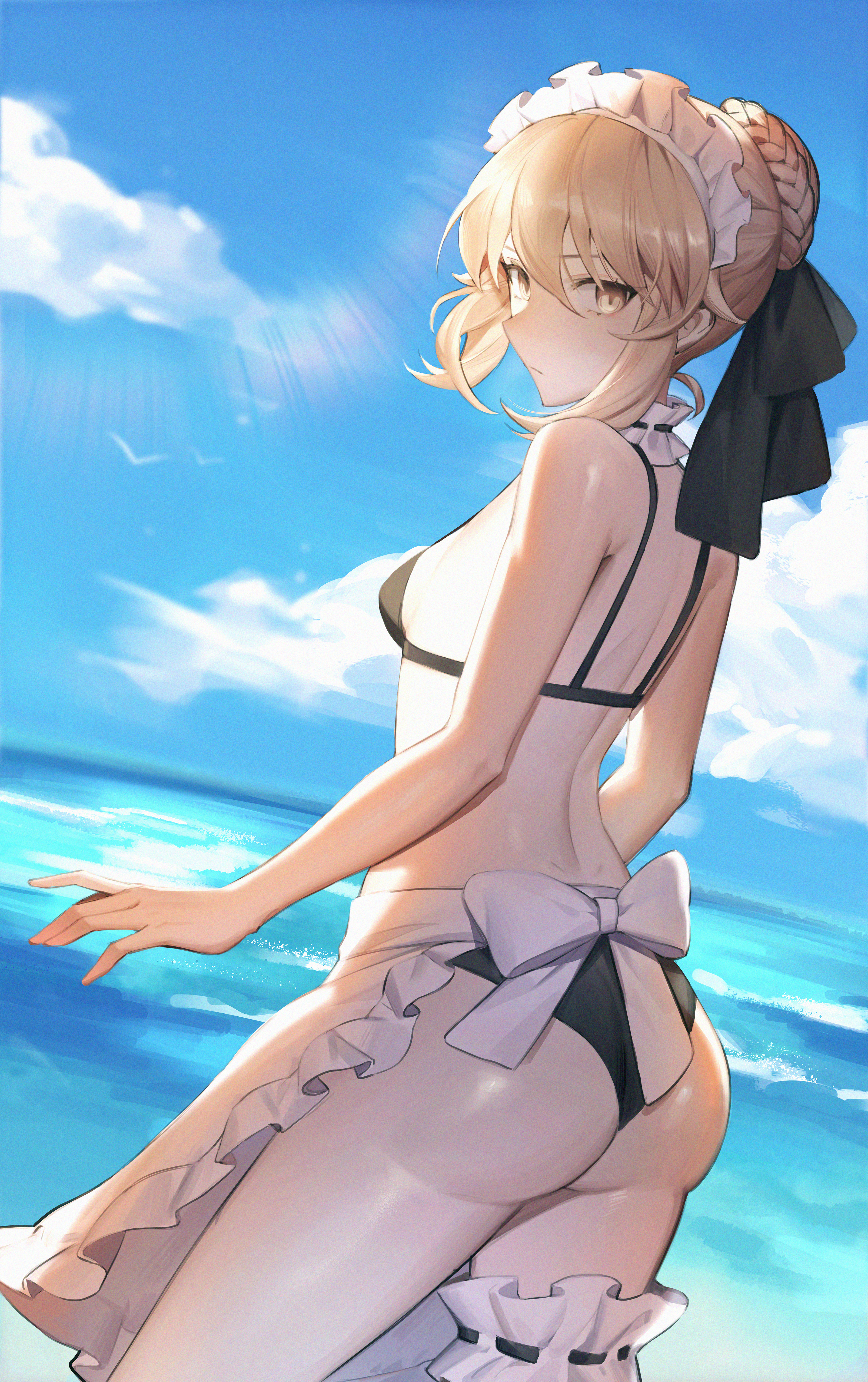 1girls, absurdres, apron, artoria pendragon, artoria pendragon (alter), artoria pendragon (swimsuit rider alter), ass, back, bangs, bare shoulders, bikini, black bikini, black ribbon, blonde hair, blue sky, blush, braid, breasts, choker, fate (series), fate/grand order, female, female only, french braid, frilled choker, frills, hair bun, hair ribbon, hana3901, highres, huge filesize, leg garter, long hair, looking at viewer, looking back, maid bikini, maid headdress, ocean, ribbon, sidelocks, sky, small breasts, solo, solo female, swimsuit, thighs, waist apron, white apron, yellow eyes