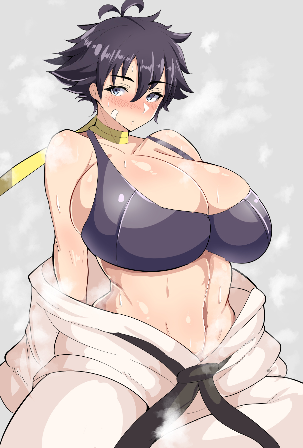 big breasts, breasts, female, female focus, female only, makoto (street fighter), musk, musk clouds, musky, rururu82010664, short hair, solo, solo female, solo focus, street fighter, sweat, sweaty, sweaty body, sweaty breasts, tomboy