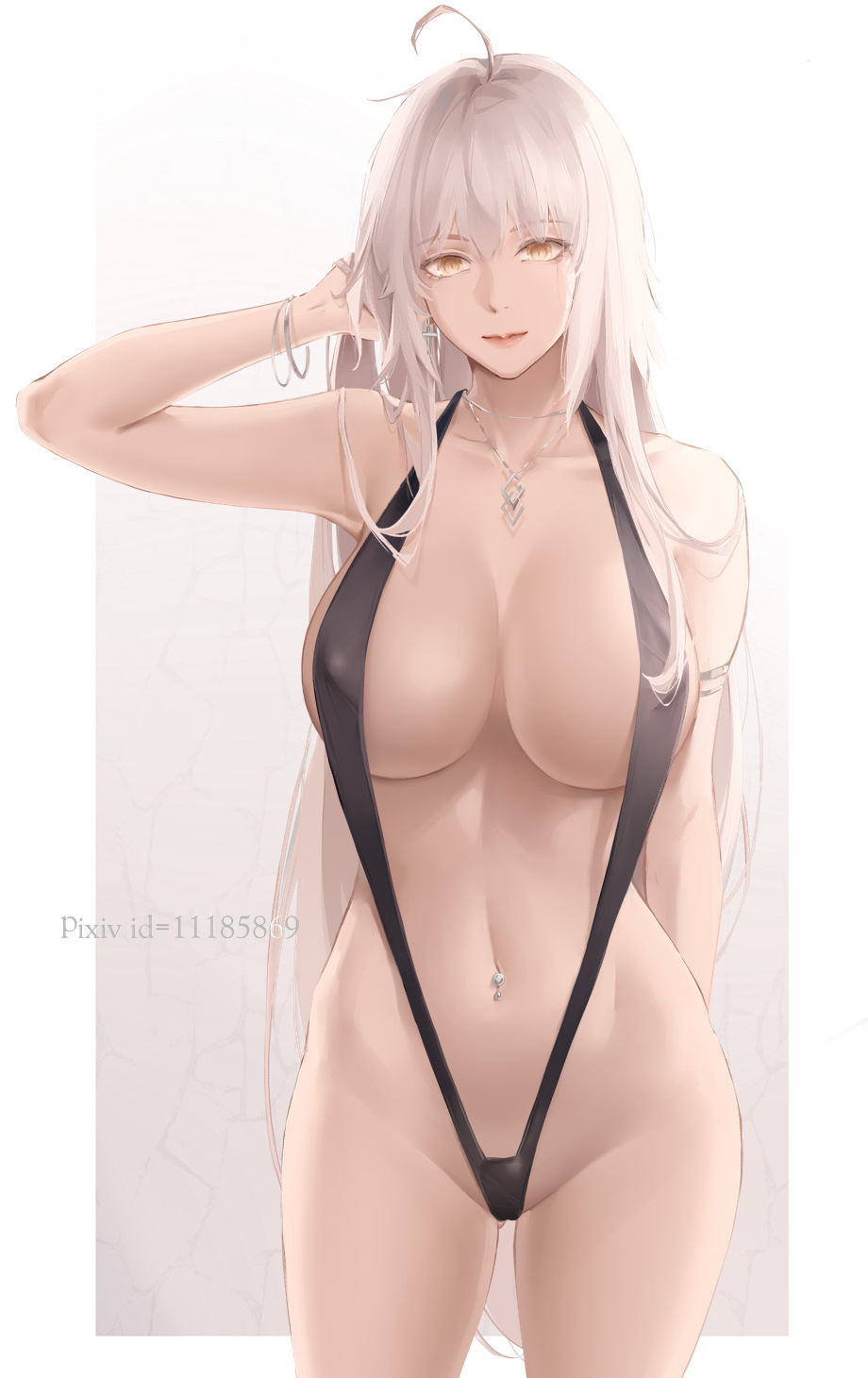 1girls, csrclst, fate (series), fate/grand order, female, female only, jeanne alter, long hair, looking at viewer, necklace, platinum blonde hair, sling bikini