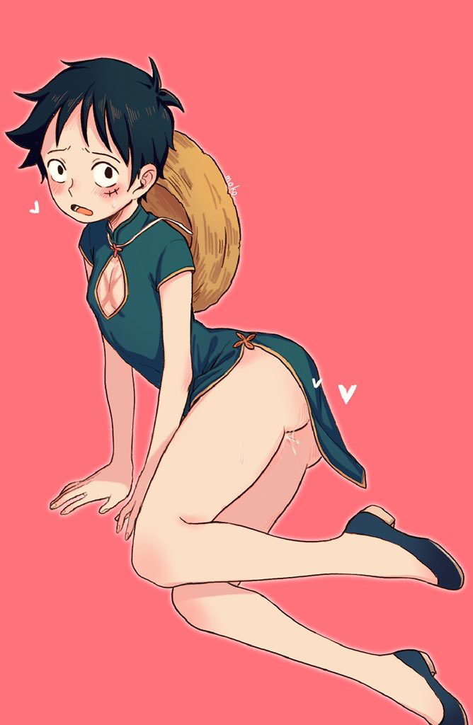 androgynous, artist request, black hair, blush, china dress, chinese clothes, embarrassed nude femboy, exposed, exposed butt, femboy, full body, girly, heart, male, male only, monkey d luffy, no panties, one piece, revealing clothes, solo