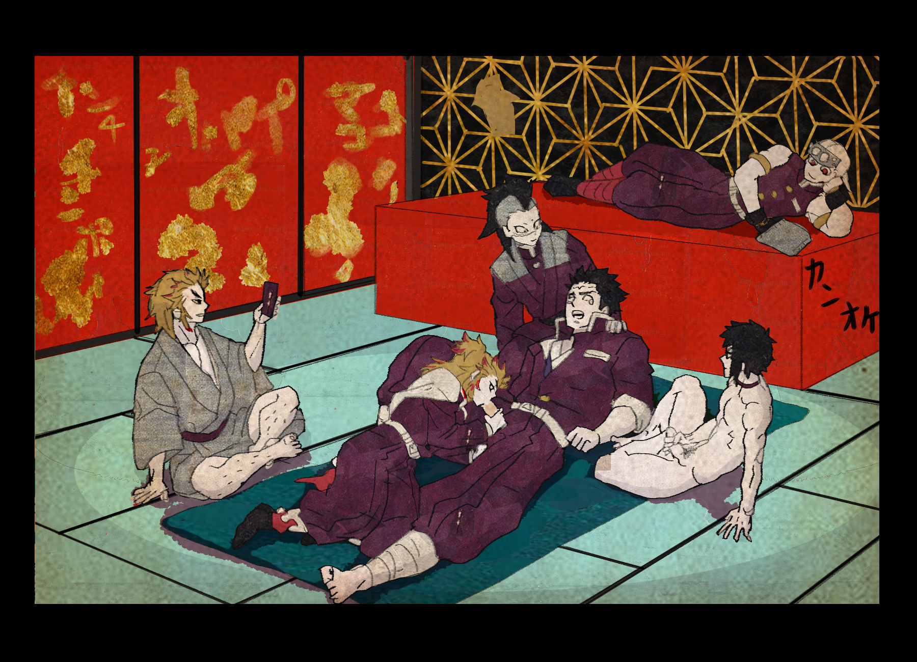 6boys, aitanso, being watched, blowjob, boner, demon slayer, detailed background, erection, futon, gay, genya shinazugawa, group, himejima gyomei, kaigaku, kimetsu no yaiba, kimono, male, male only, masturbation, multiple boys, multiple males, nude, nude male, on back, oral, reclining, rengoku kyoujurou, rengoku shinjurou, sitting, tatami, uniform, uzui tengen, watching, yaoi