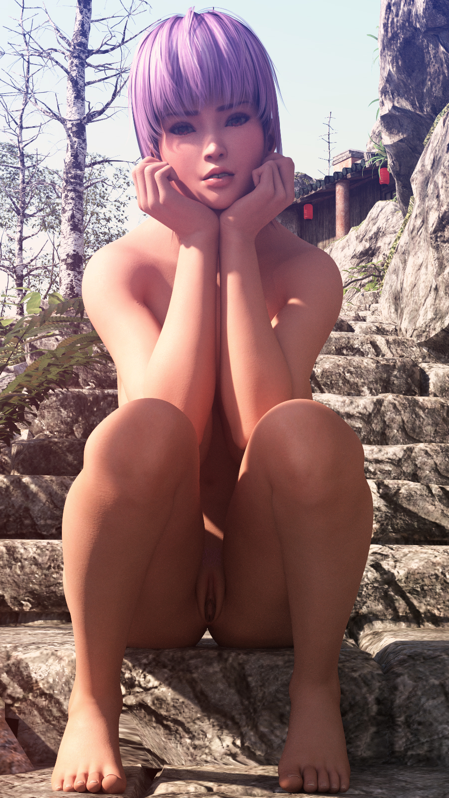 3d 3d_(artwork) asian asian_female ayane_(doa) big_breasts dead_or_alive female jaxxxer nipples outdoors outside purple_hair red_eyes