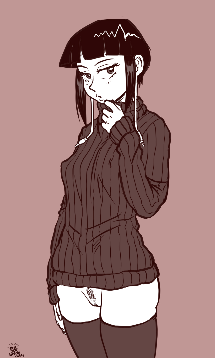 athletic, athletic female, bangs, bottomless, breasts, erect nipples, female, female focus, female only, kyoka jiro, landing strip, monochrome, my hero academia, nipples, pose, posing, pubes, pubic hair, pussy, small breasts, spidu, tagme, thick thighs, trimmed pubic hair, turtleneck, turtleneck sweater, vagina