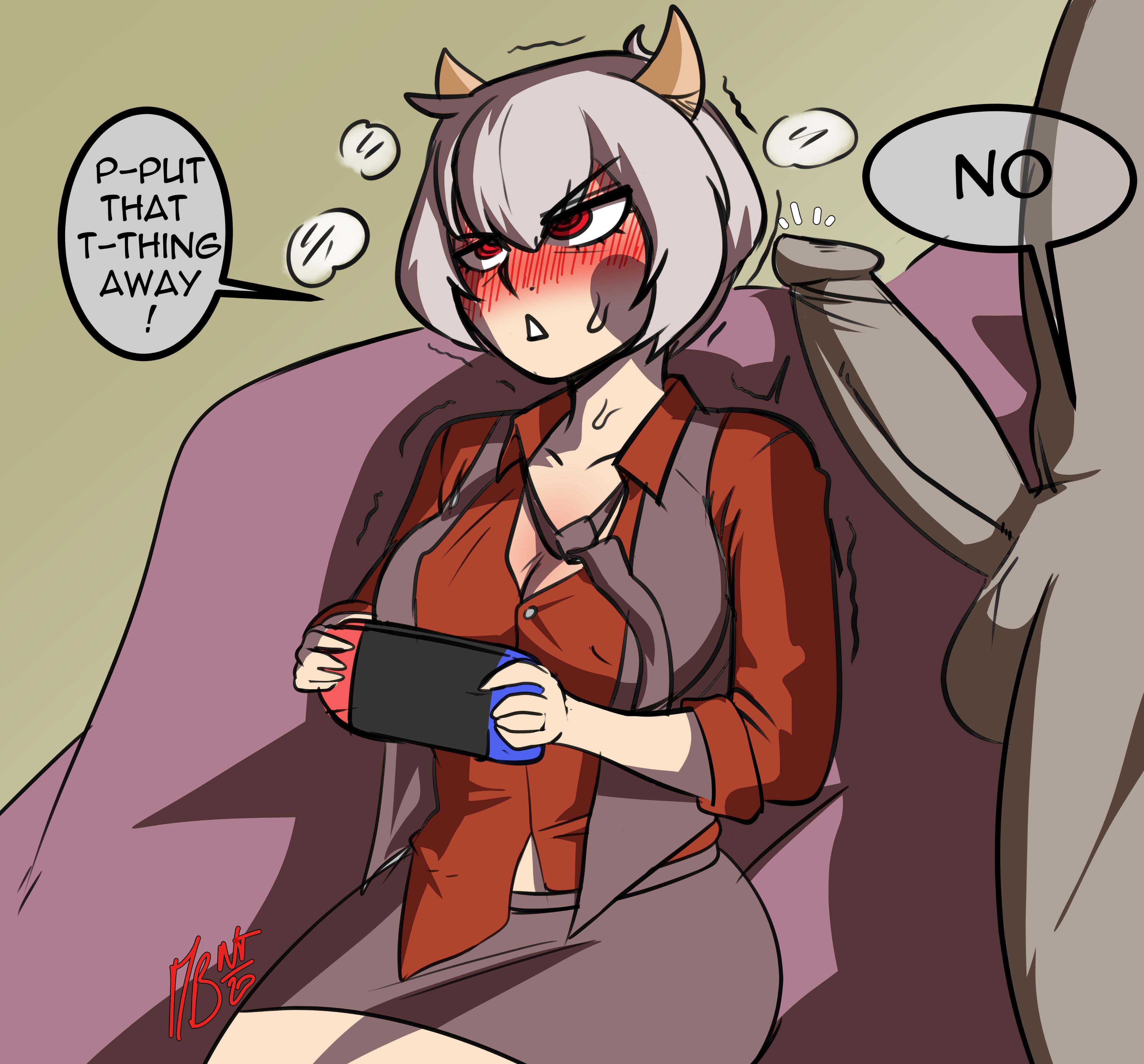 1boy, 1girls, 2020, blush, cleavage, clothing, demon, demon girl, dialogue, female, helltaker, horns, male, malina (helltaker), manu brutall, nintendo switch, open mouth, penis, red eyes, short hair, speech bubble, straight, sweat, text, white hair, white skin