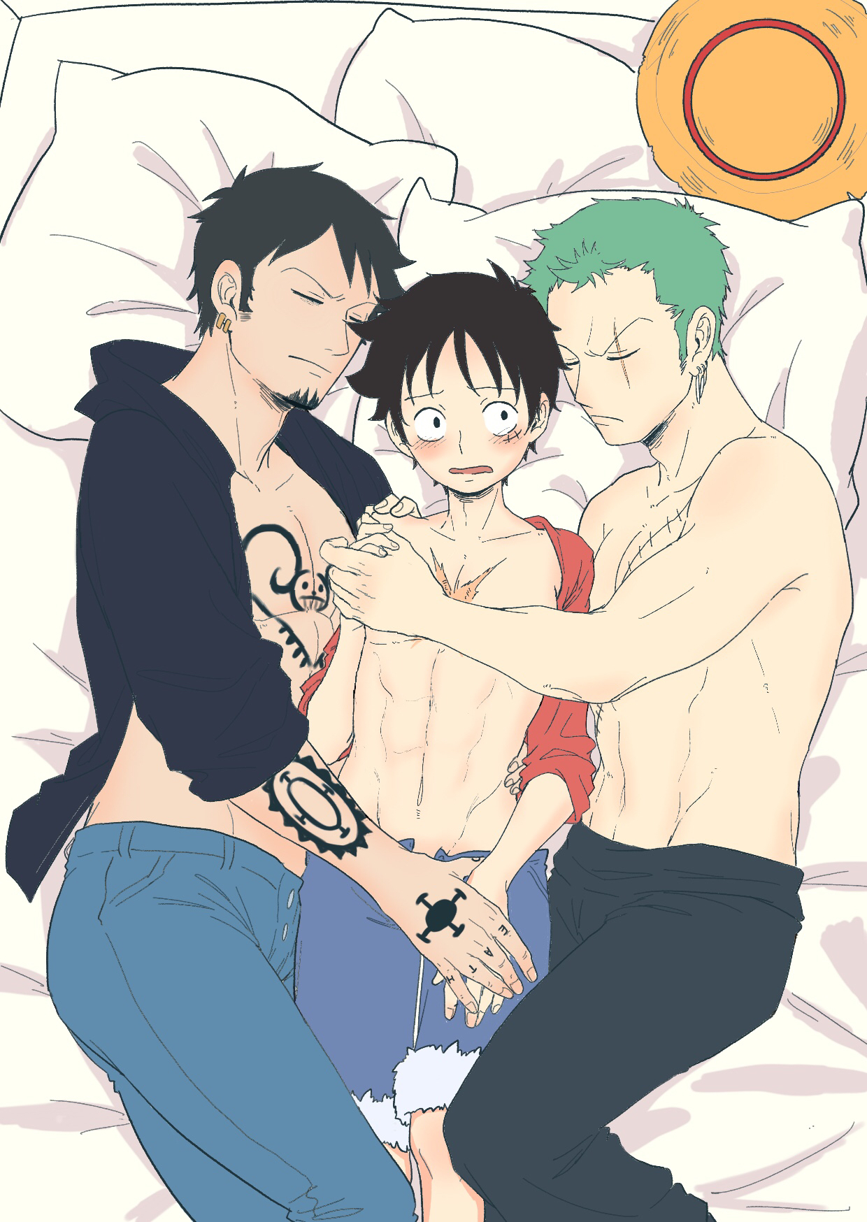 3boys, bed, blush, gay, holding hands, hugging, lying on bed, male, male only, mmm threesome, monkey d luffy, one piece, roronoa zoro, threesome, trafalgar law, twink, yaoi
