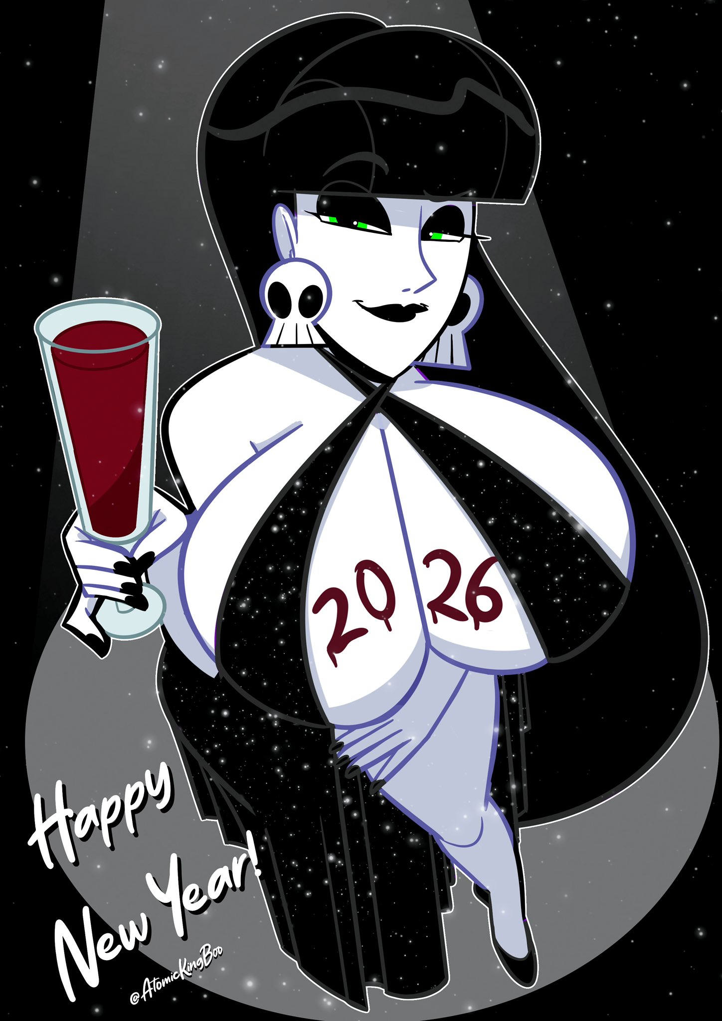 1girls, 2025, artist name, ass, atomickingboo, big ass, big breasts, black eyeshadow, black hair, black hair female, black lips, black lipstick, black-haired female, breasts, breasts bigger than head, clothed, clothed female, clothing, dress, drinking glass, ear piercing, ear ring, earring, earrings, english, english text, eyeshadow, female, female focus, female only, fully clothed, fully clothed female, glass, goth, goth girl, gothic, gothic girl, happy new year, holding, holding drink, holding drinking glass, holding glass, holding object, huge breasts, light skin, light-skinned female, lindel dollice quilten, lips, lipstick, new year, new year 2026, oc, original, original character, pale skin, pale-skinned female, pierced ears, piercing, piercings, revealing clothes, revealing dress, skull earrings, solo, solo female, solo focus, sparkles, sparkling dress, sparkly dress, text, the besties (atomickingboo), thick thighs, thighs, white skin, white-skinned female, writing, writing on body, writing on breasts, writing on skin