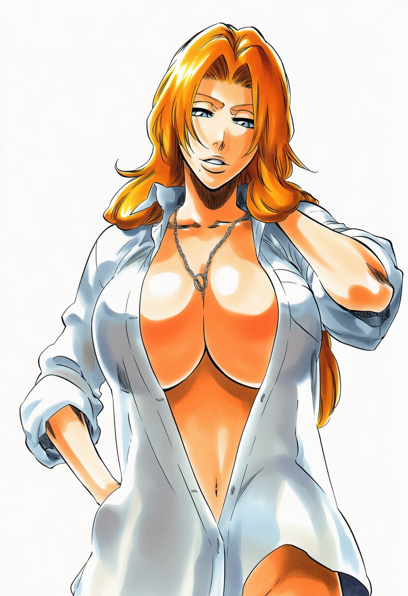 1girls, accurate art style, accurate body type, adjusting hair, ai generated, between breasts, bleach, blue eyes, bottomless, breasts, busty, cel shading, chain necklace, cleavage, clothing, collarbone, collared shirt, convenient censoring, covered nipples, cuffs (clothing), curvaceous, curvy, dress shirt, female, female focus, female only, front view, groin, hair over shoulder, hand behind head, hand in own hair, hand in pocket, high resolution, highres, huge breasts, jewelry, large breasts, large filesize, light skin, light-skinned female, line art, long hair, long sleeves, looking at viewer, manga style, matsumoto rangiku, midriff, mole, mole under mouth, naked shirt, narrow waist, navel, necklace, no bra, no panties, open clothes, open shirt, orange hair, parted lips, rolled up sleeves, shiny hair, shiny skin, shirt, simple background, sleeves pushed up, sleeves rolled up, smile, solo, solo focus, tite kubo style, unbuttoned, upper body, warm colors, warm lighting, white background, white shirt, ㅇㅇ