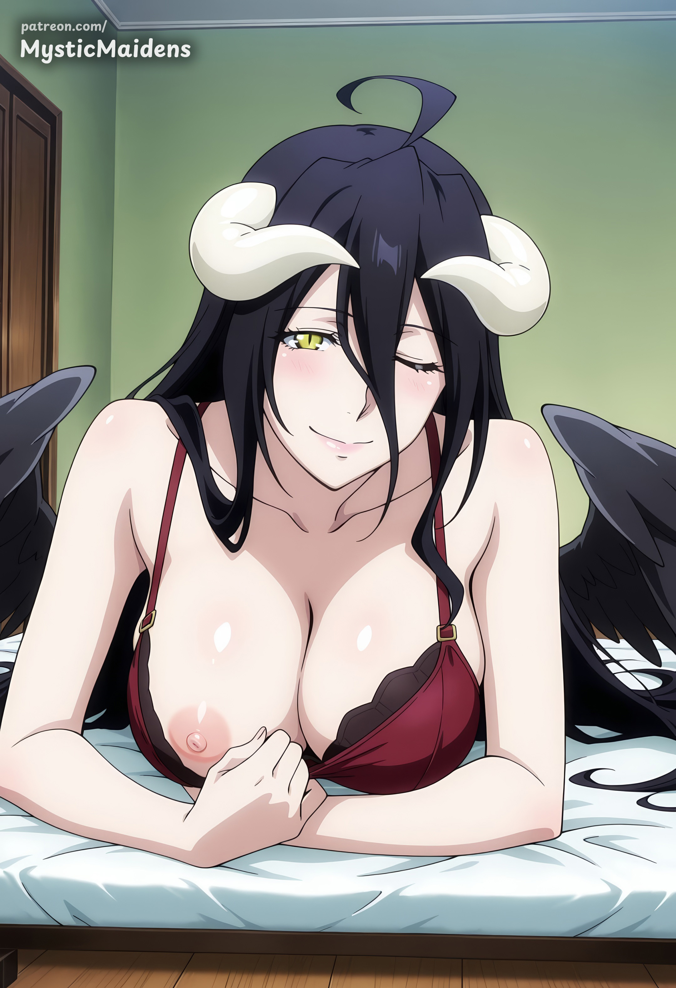 ahoge, ai generated, albedo (overlord), anime, anime style, artist name, bed, black hair, black wings, blush, bra, bra pull, breasts, cleavage, closed mouth, clothes pull, collarbone, demon girl, demon horns, feathered wings, female, hair between eyes, hi res, horns, indoors, large breasts, long hair, looking at viewer, lying, mystic maidens, nipples, on stomach, one breast out, one eye closed, overlord (maruyama), patreon, patreon username, red bra, slit pupils, smile, solo, underwear, wings, yellow eyes
