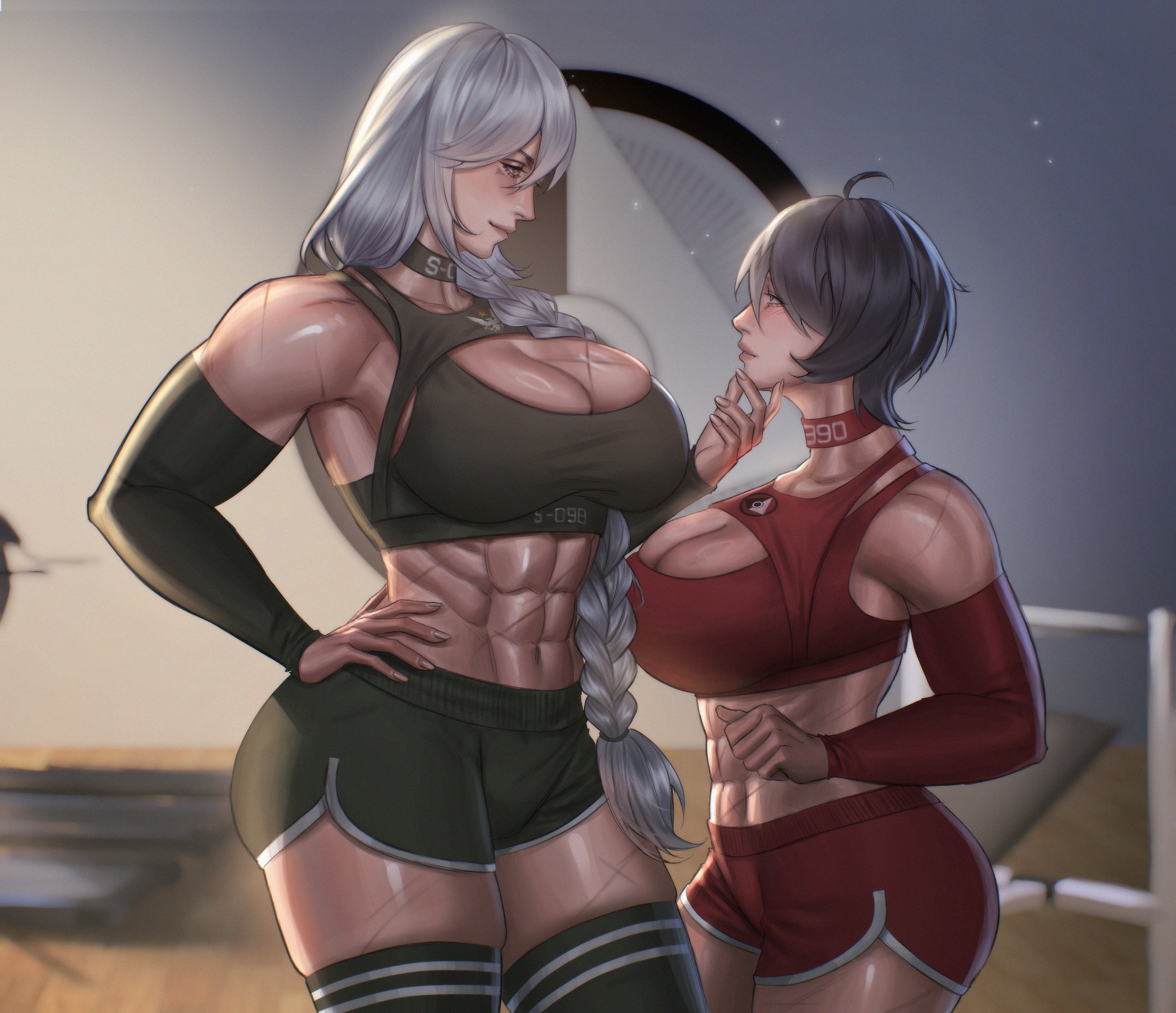 2girls, abs, black hair, breasts, caztopia, cleavage, clothing, elizabeth-098, halo (series), large breasts, madison-a390, muscular female, original character, original characters, scars, shorts, spartan (halo), thick thighs, thighhighs, thighs, white hair, yuri