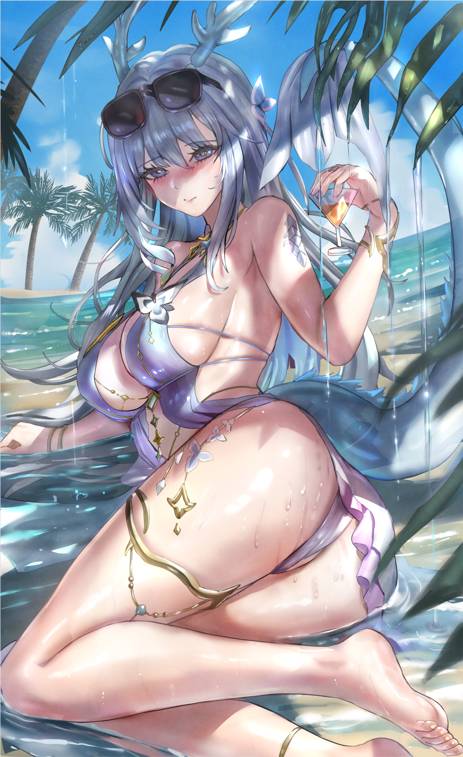ass, breasts, day, duet night abyss, fushu (duet night abyss), himonoata, horns, large breasts, long hair, ocean, palm tree, sideboob, solo, sunglasses, swimsuit, tail, thighlet, water
