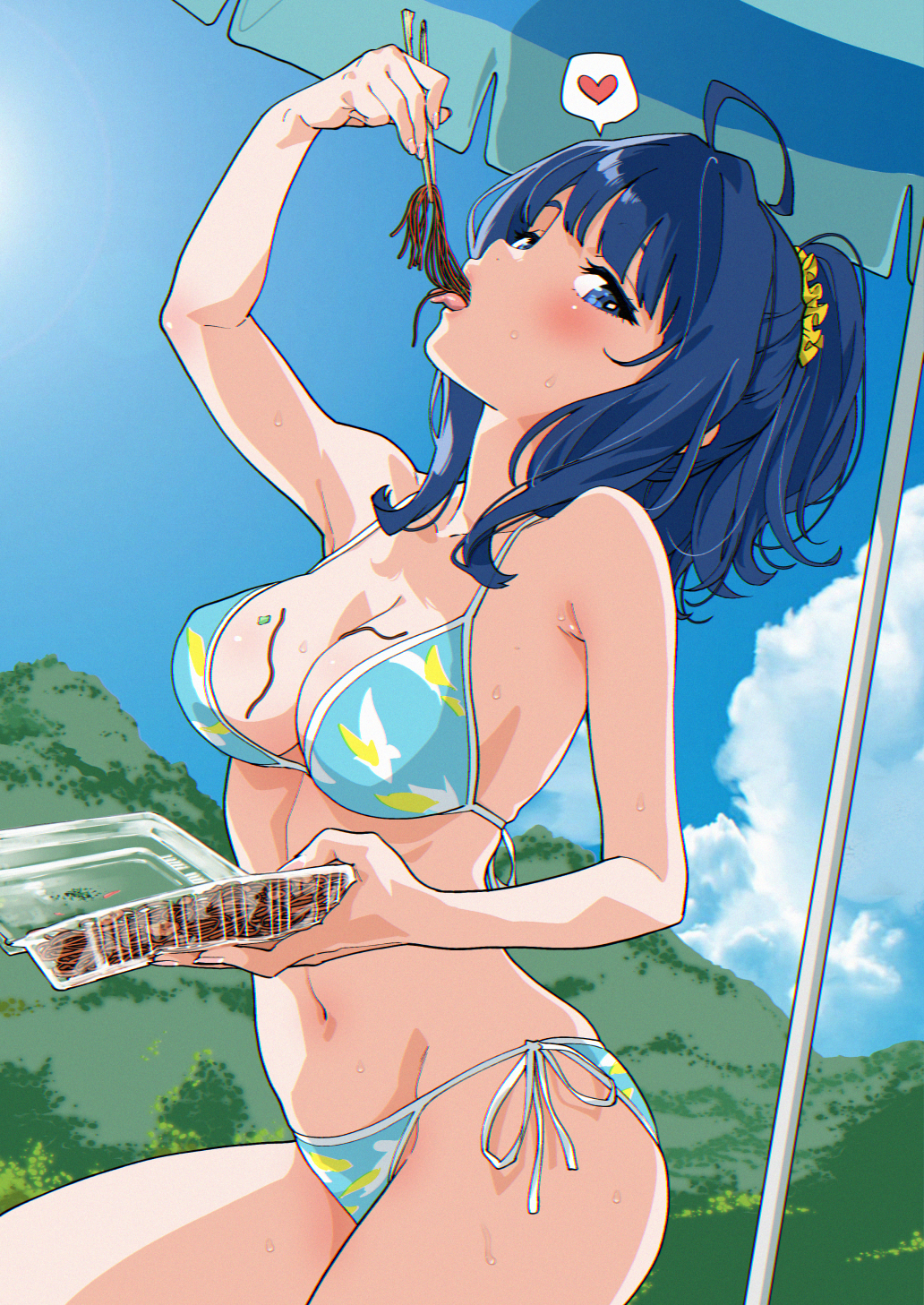 1girls, ahoge, arched back, arm up, big breasts, bikini, blue bikini, blue eyes, blue hair, blue sky, blush, breasts, busty, chopsticks, cleavage, cloud, cloudy sky, day, eating, female, female only, food, food on body, food on breasts, half-closed eyes, hashiguchi takashi, highres, holding, holding chopsticks, holding food, large breasts, looking at viewer, make heroine ga oo sugiru!, medium hair, mountain, navel, noodles, open mouth, outdoors, ponytail, seductive, seductive look, sexually suggestive, short ponytail, side-tie bikini bottom, sky, solo, sweat, swimsuit, tongue, tongue out, voluptuous, yakisoba, yanami anna